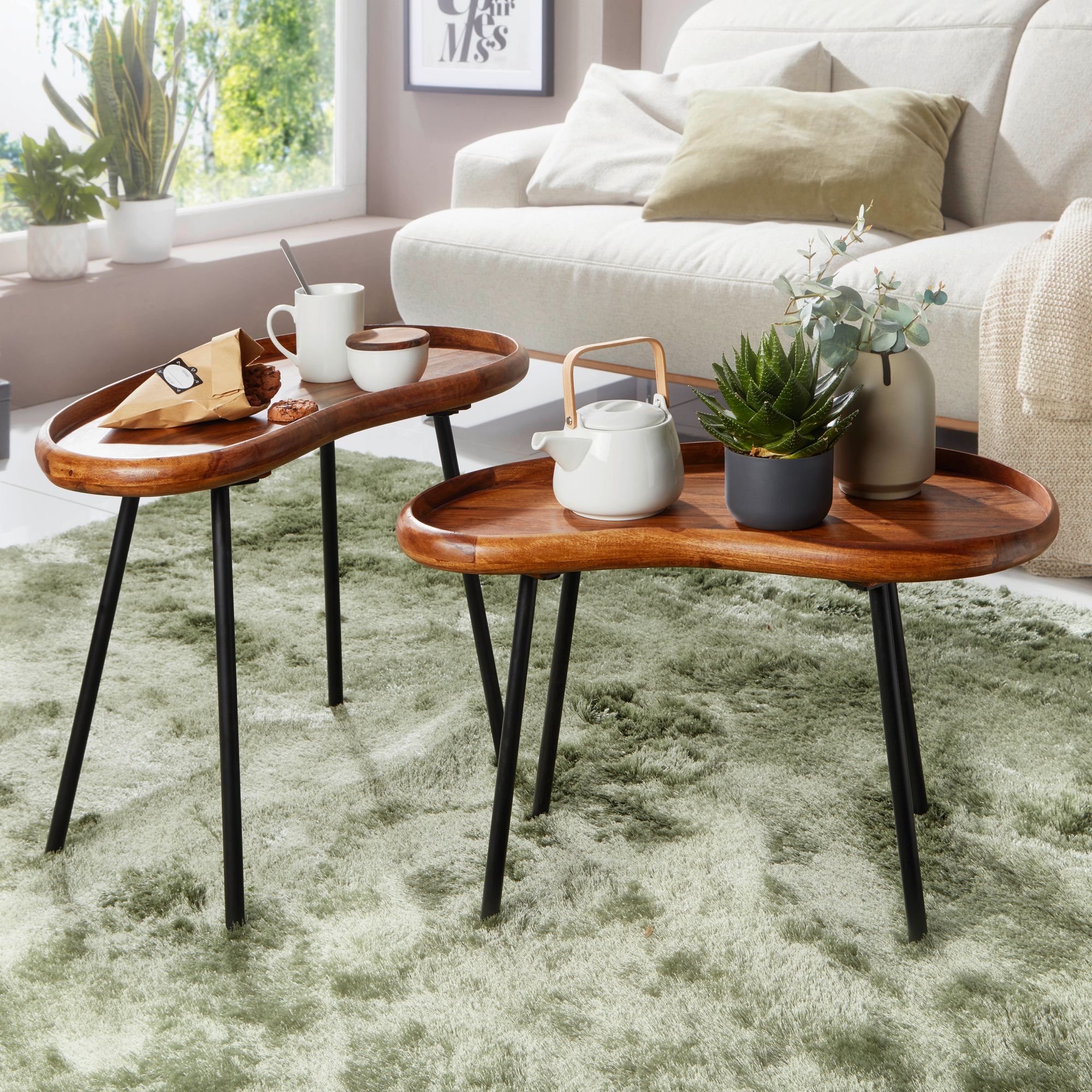 Couchtisch 2-teilig Massivholz Satztische Wohnzimmertisch Nierentisch Holz-Tisch - Bild 1