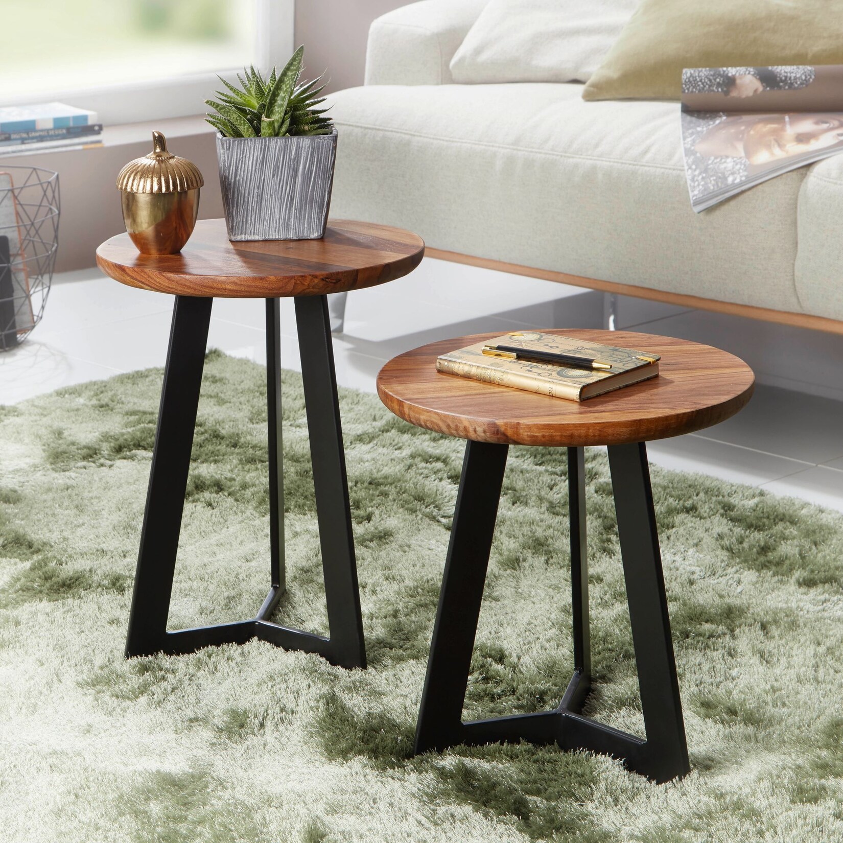 FineBuy Beistelltische 2-teilig Sheesham Metall Holz-Satztisch Industrial Hocker | 04250950292635