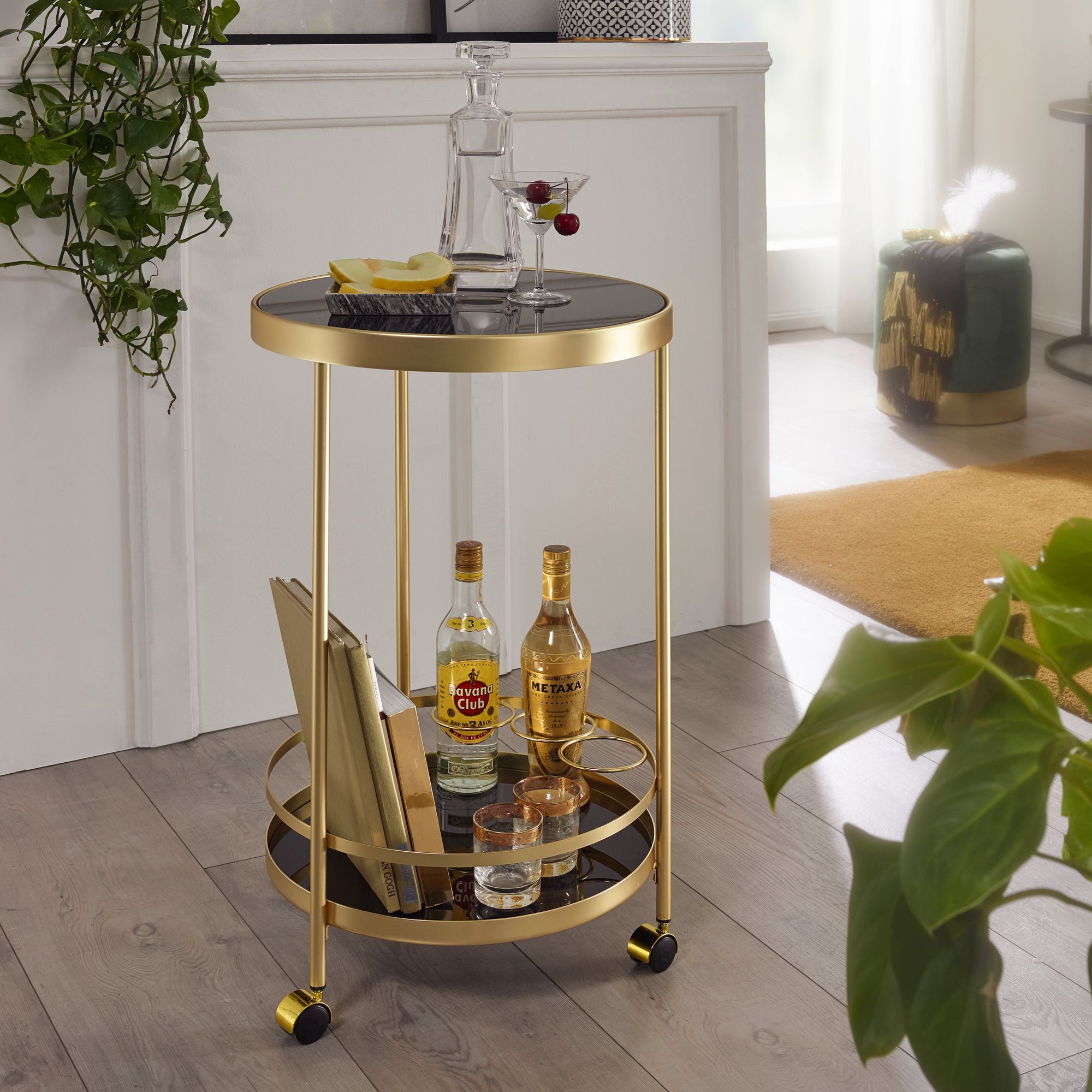 FineBuy Servierwagen Gold Beistelltisch auf Rollen Glas Speisewagen Rund &Oslash; 45 cm - Bild 1