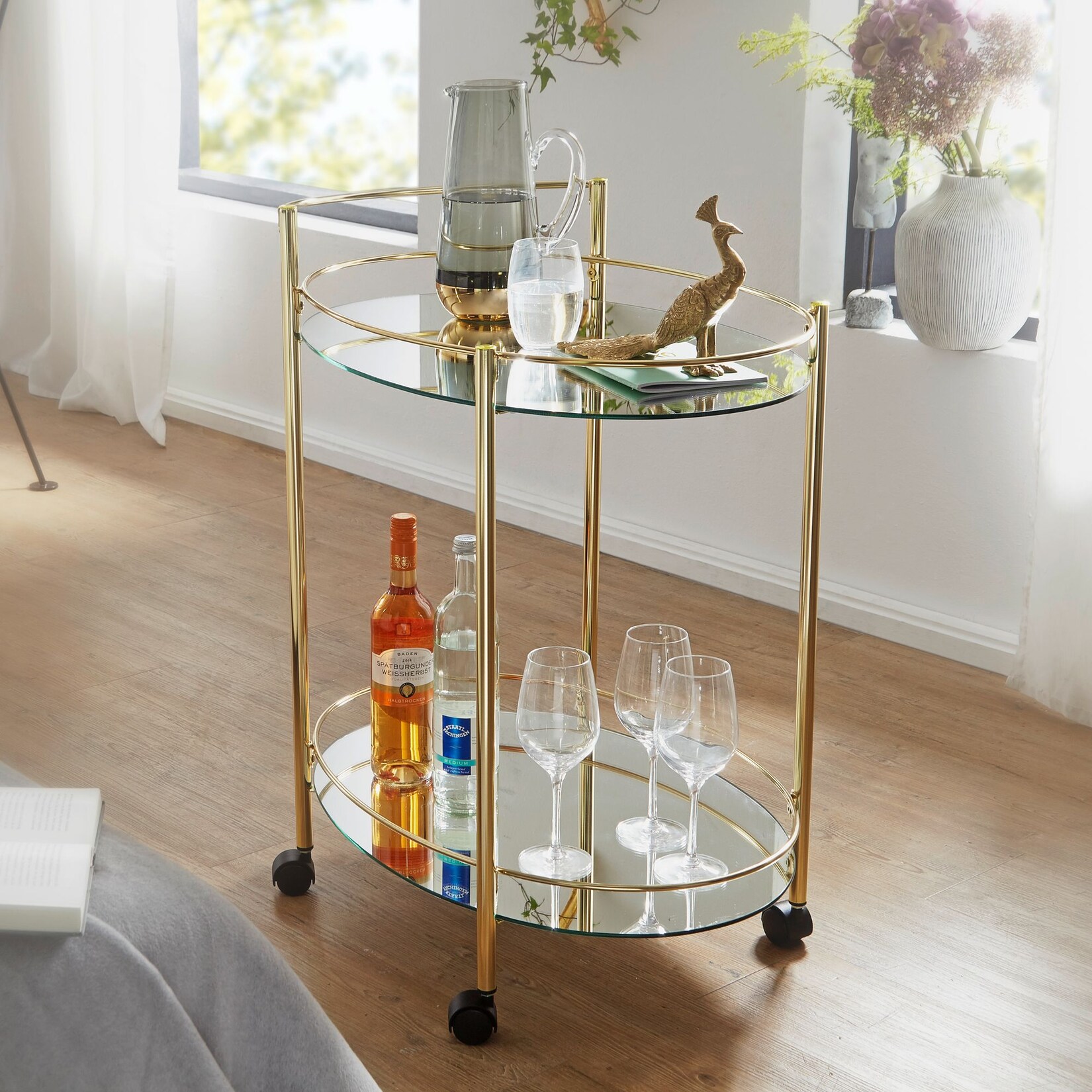 FineBuy Servierwagen Gold Beistelltisch auf Rollen Glas Speisewagen Teewagen | 04250950293076