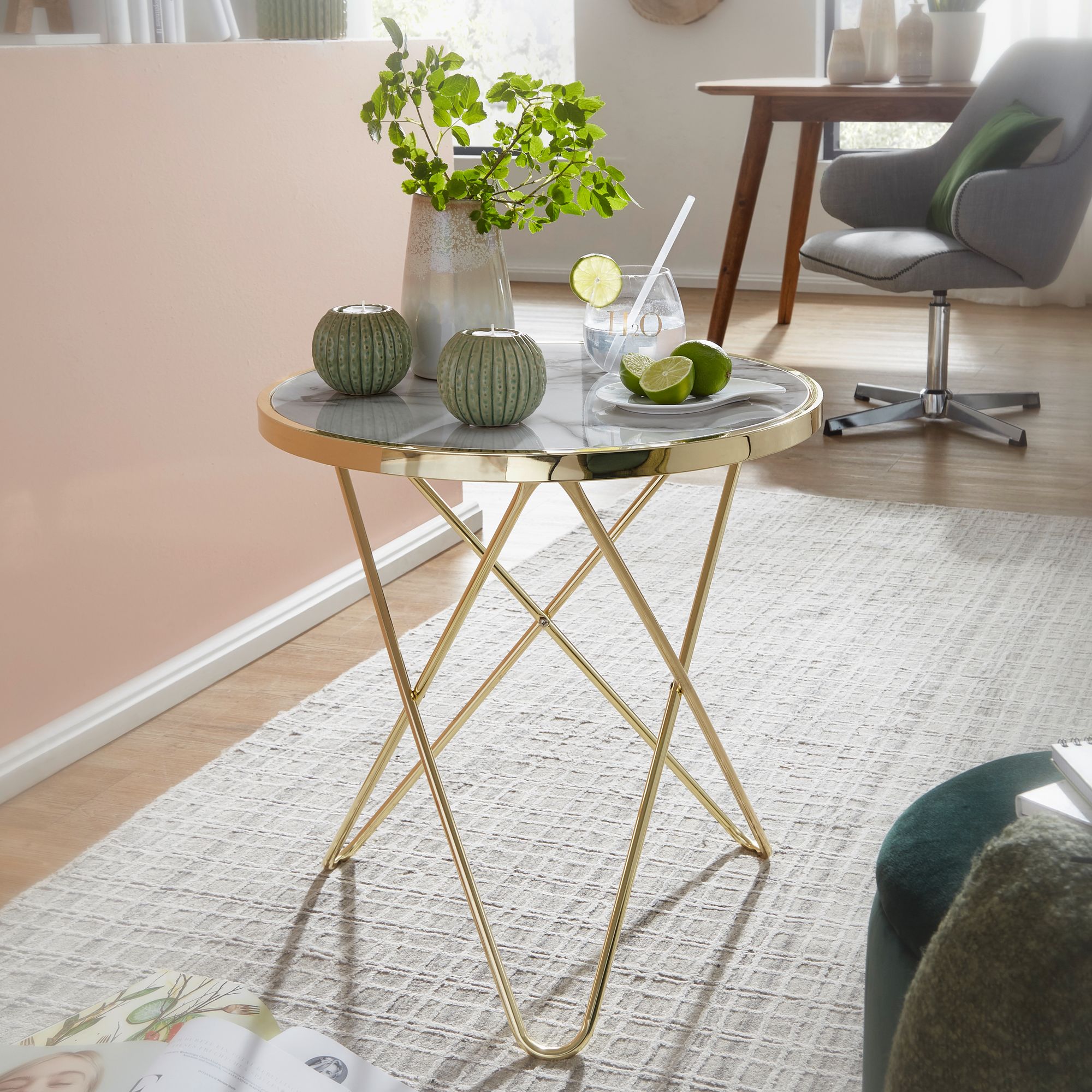 FineBuy Design Couchtisch Mamor Optik Wei&szlig; &Oslash;55cm Gold Wohnzimmertisch Rund - Bild 1