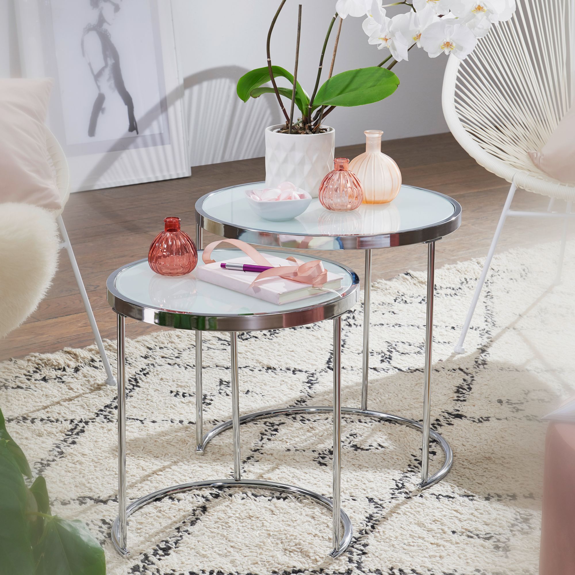 FineBuy Beistelltisch 2tlg Rund Wohnzimmertisch Wei&szlig; Glas Couchtisch Silber - Bild 1