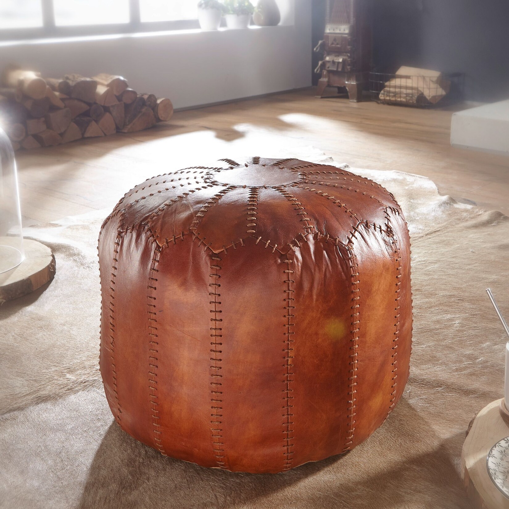FineBuy Sitzhocker Echtleder 52x40x52cm Pouf Polsterhocker Rund Hocker Orient | 04250950294516