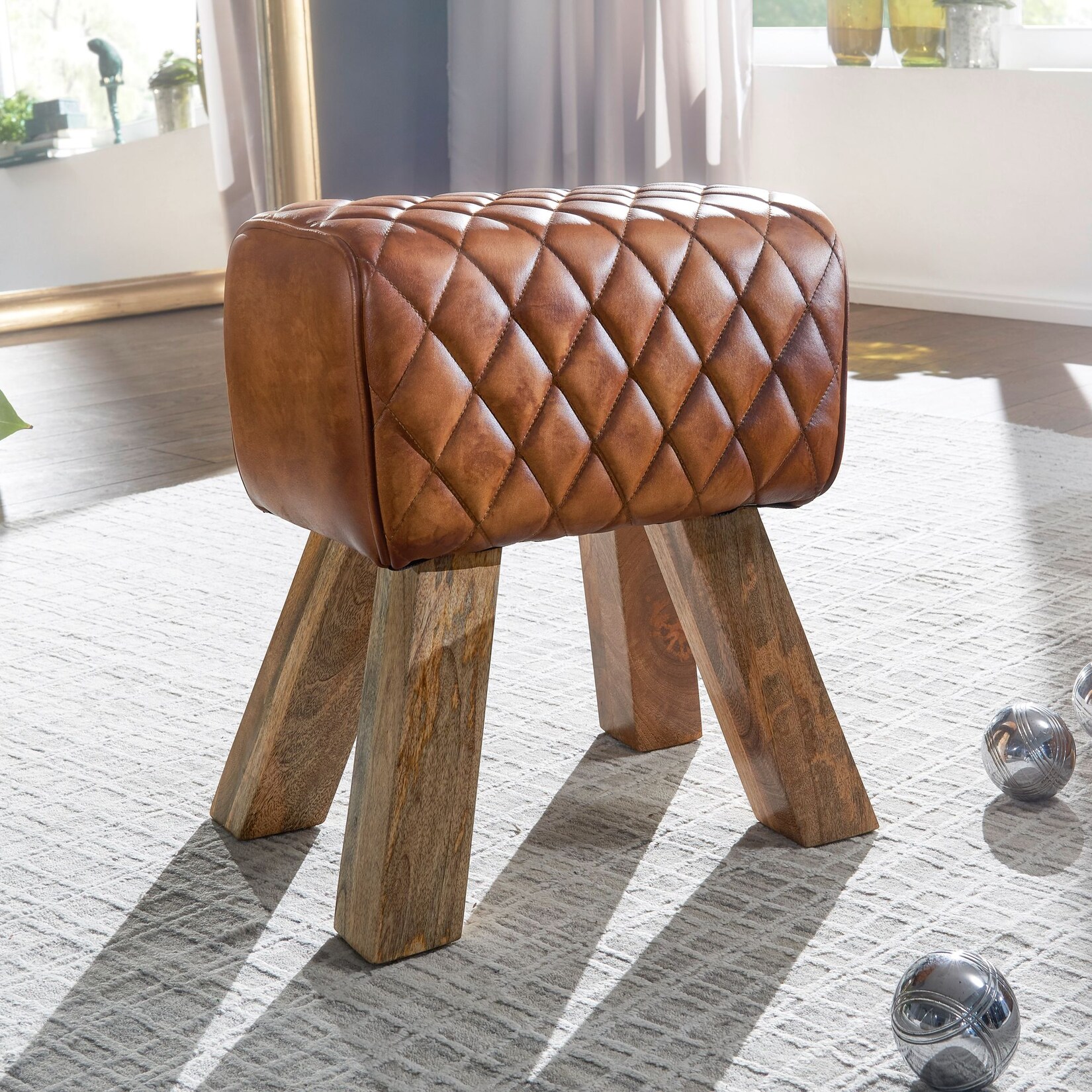 FineBuy Sitzhocker Echtleder 40x48x27 cm Fußhocker Lederhocker Massivholz Braun | 04250950294547