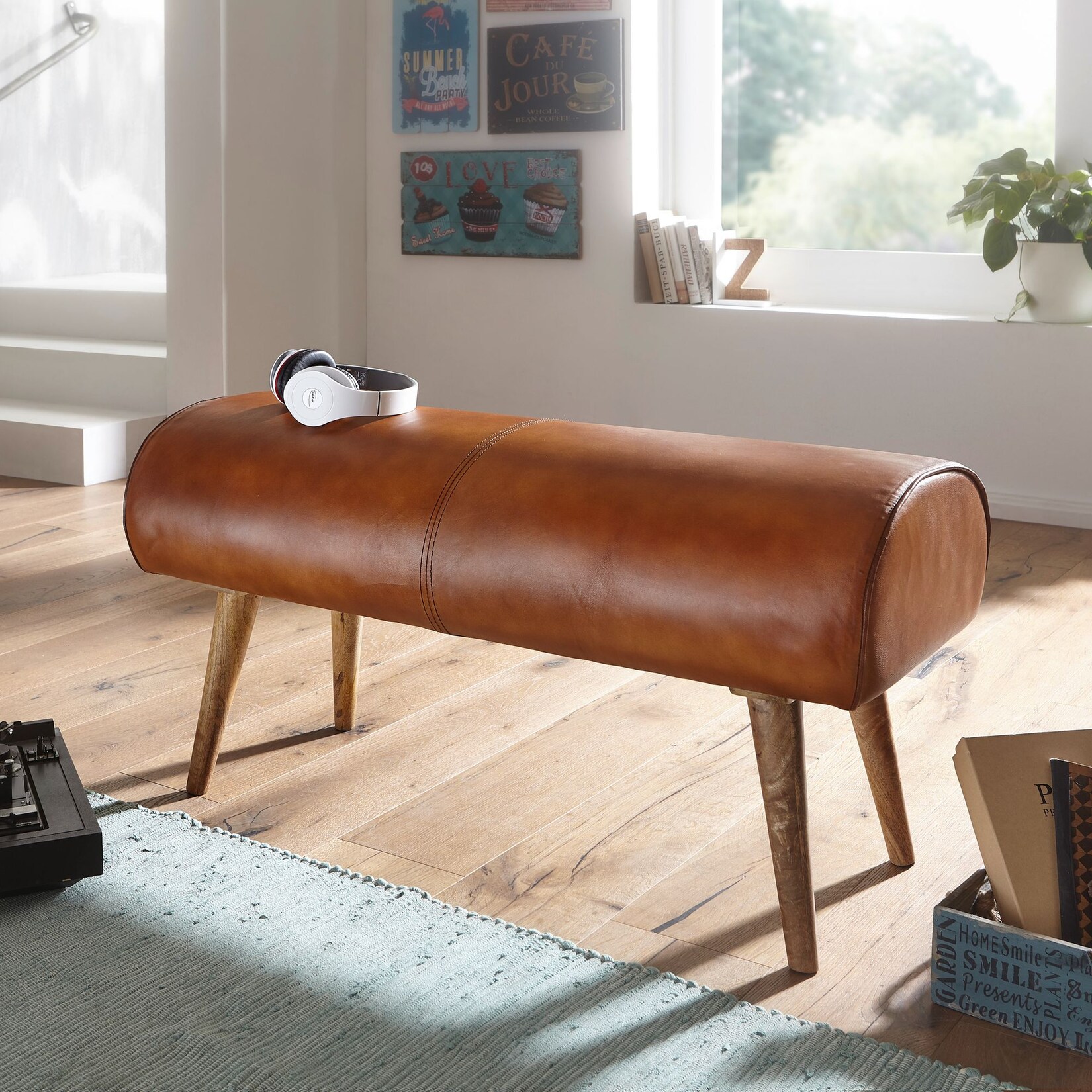 FineBuy Sitzbank Echtleder 100 cm Springbock Lederbank Flurbank Massivholz Bank | 04250950294554