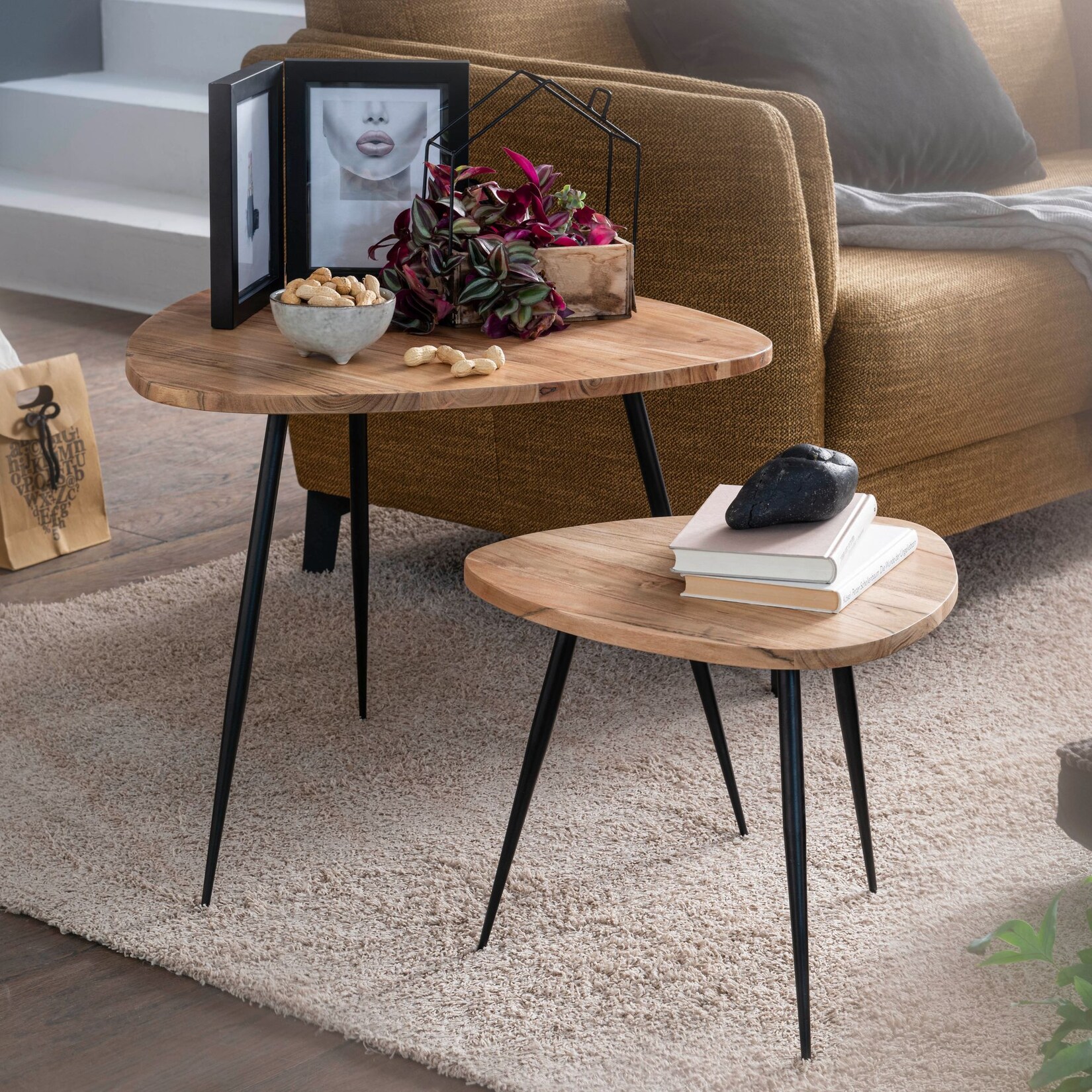 FineBuy Satztisch Massiv 2er Set Beistelltisch Tisch Holz Metall Couchtisch | 04250950295308