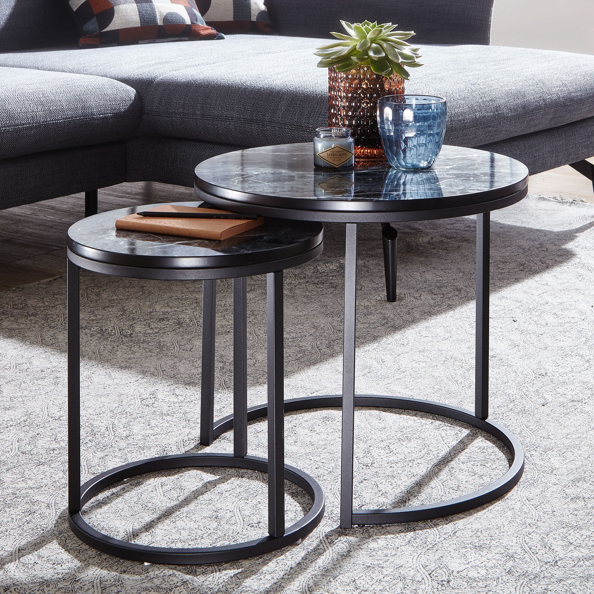 FineBuy Beistelltisch 2er Set Couchtisch Marmor Optik Wohnzimmertisch Rund Tisch - Bild 1