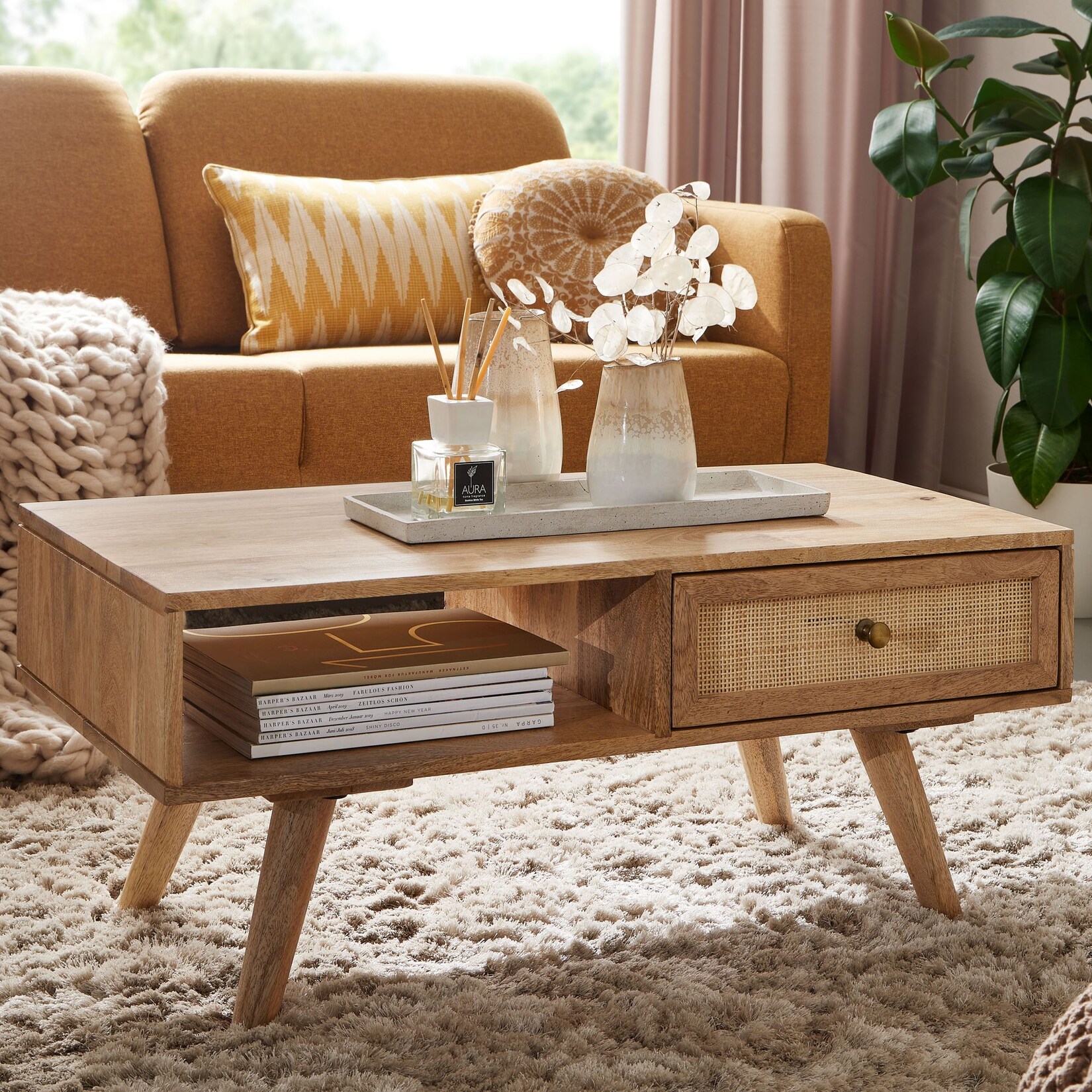 Couchtisch FineBuy Sofatisch 90 cm Massivholz Rattan Wohnzimmertisch Schublade