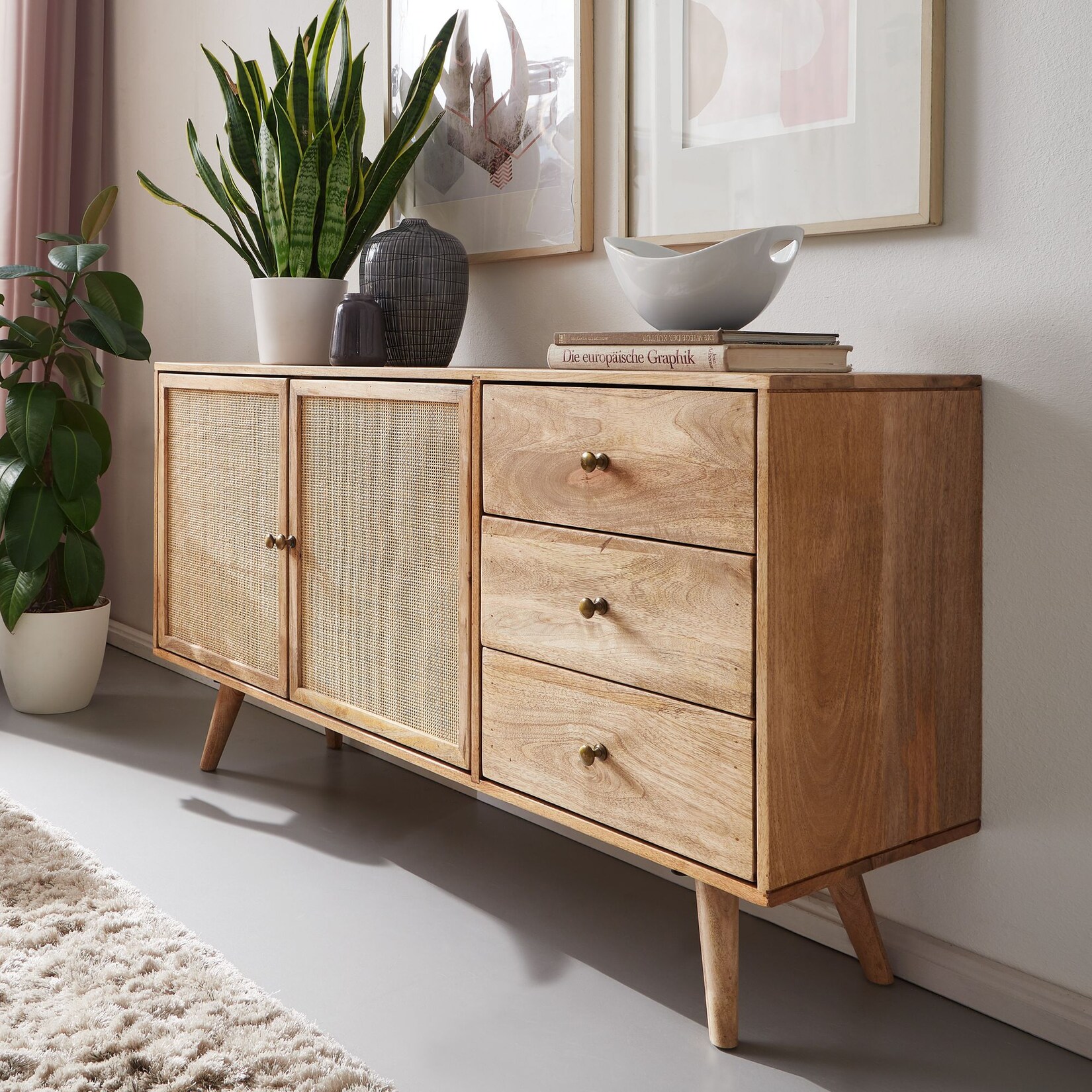 Massivholz Sideboard 140cm Mango Design Kommode mit 3 Rattan Schubladen Wiener Geflecht & 2 Türen | 04251757700576