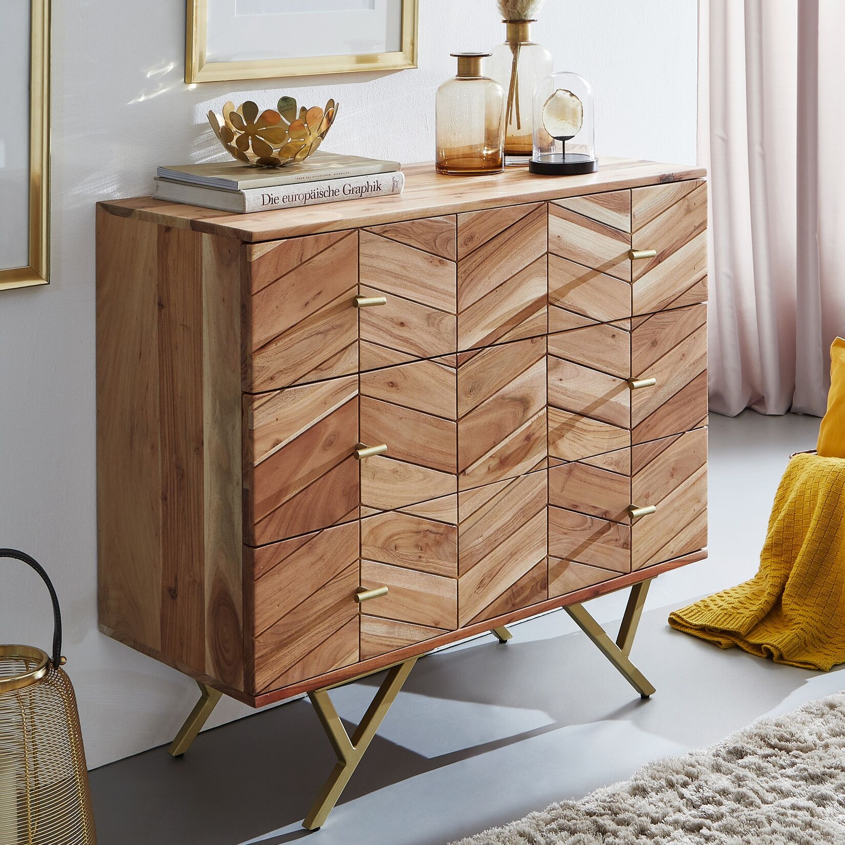 Massivholz Schubladenkommode 90cm Akazie Natur Kommode mit 3 Schubladen Sideboard Metall gold