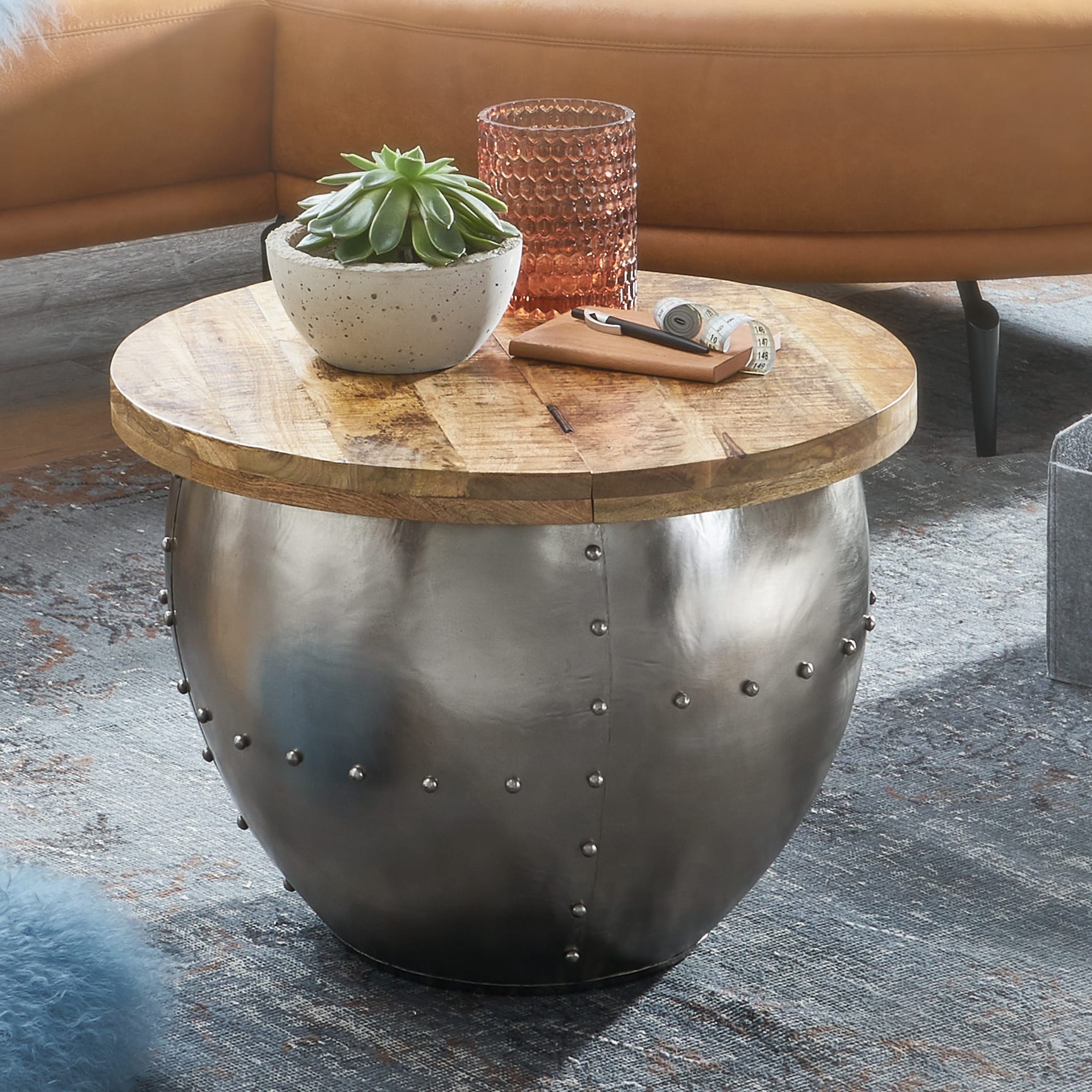 FineBuy Couchtisch Rund Holz Metall Sofatisch &Oslash; 60 cm Tisch Industrial Stauraum - Bild 1