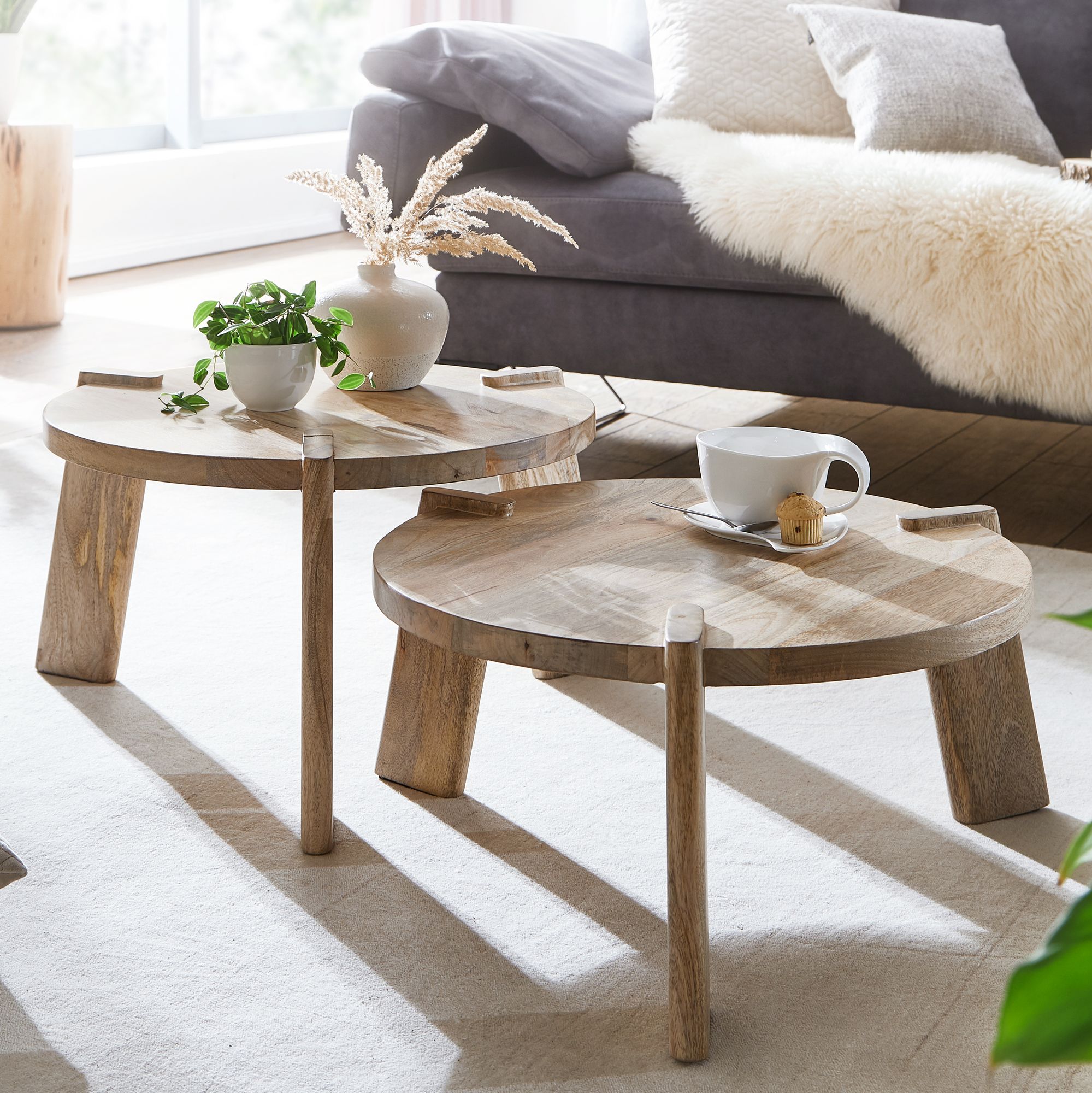Couchtisch Set 2er Massivholz rund Wohnzimmertisch Beistelltisch Satztische - Bild 1