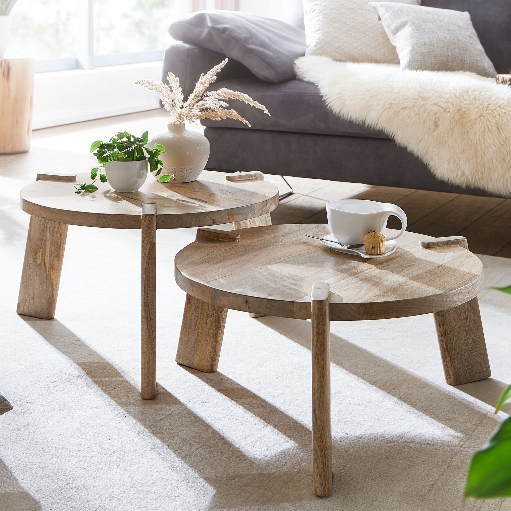Couchtisch Set 2er Massivholz rund Wohnzimmertisch Beistelltisch Satztische