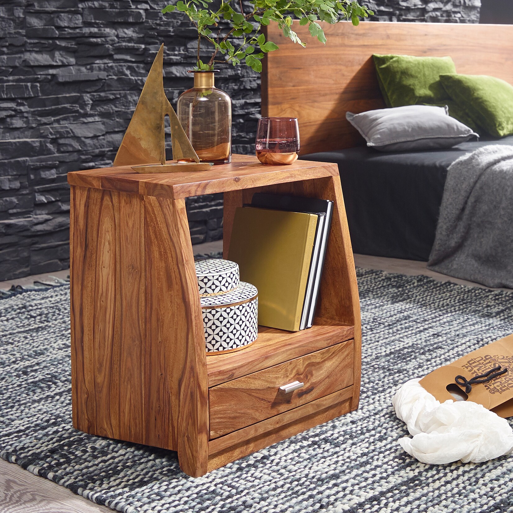 Nachtkommode Sheesham Massivholz Schublade & Ablage Nachttisch Nachtkästchen