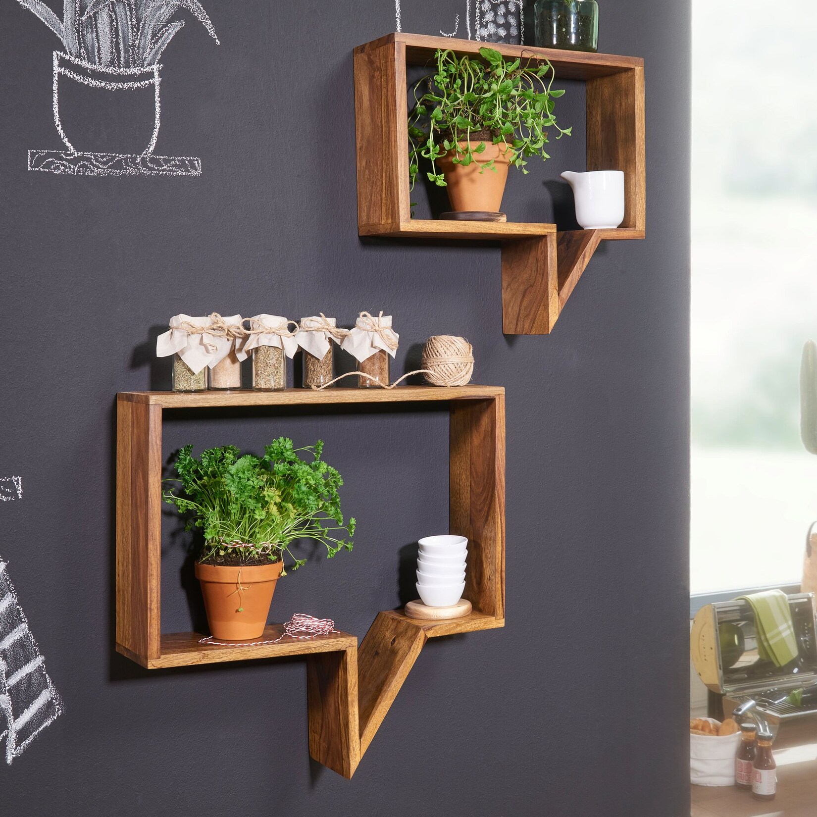 FineBuy 2er Set Wandregale Massivholz Sheesham Regal Wand Wandboard Cubes