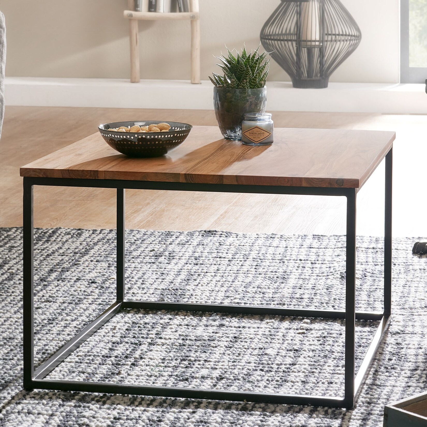 FineBuy Couchtisch quadratisch 60x60cm Akazie Massivholz Design Wohnzimmertisch