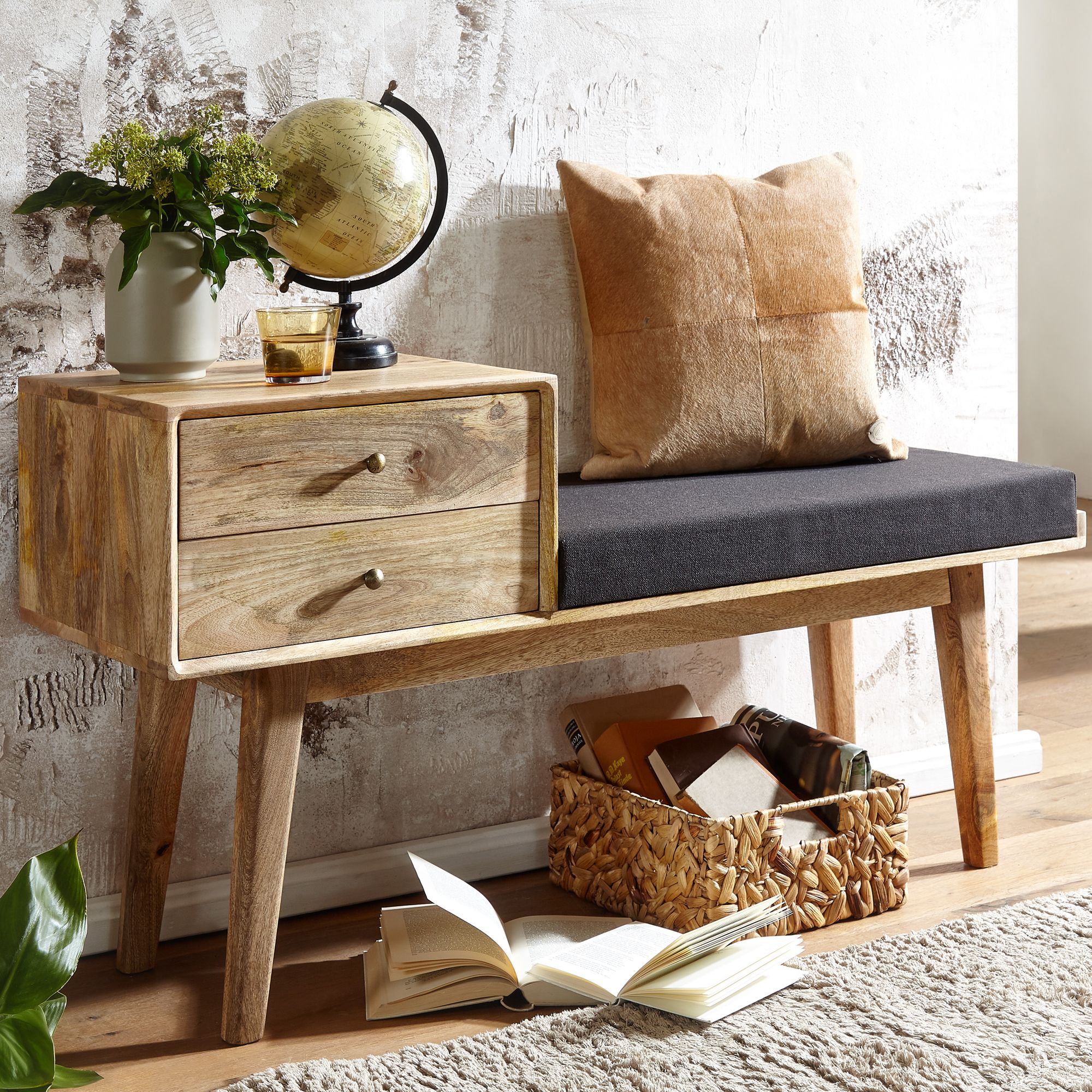 Sitzbank gepolstert 120cm Massivholz Stoff Schublade Garderobenbank Flurbank - Bild 1