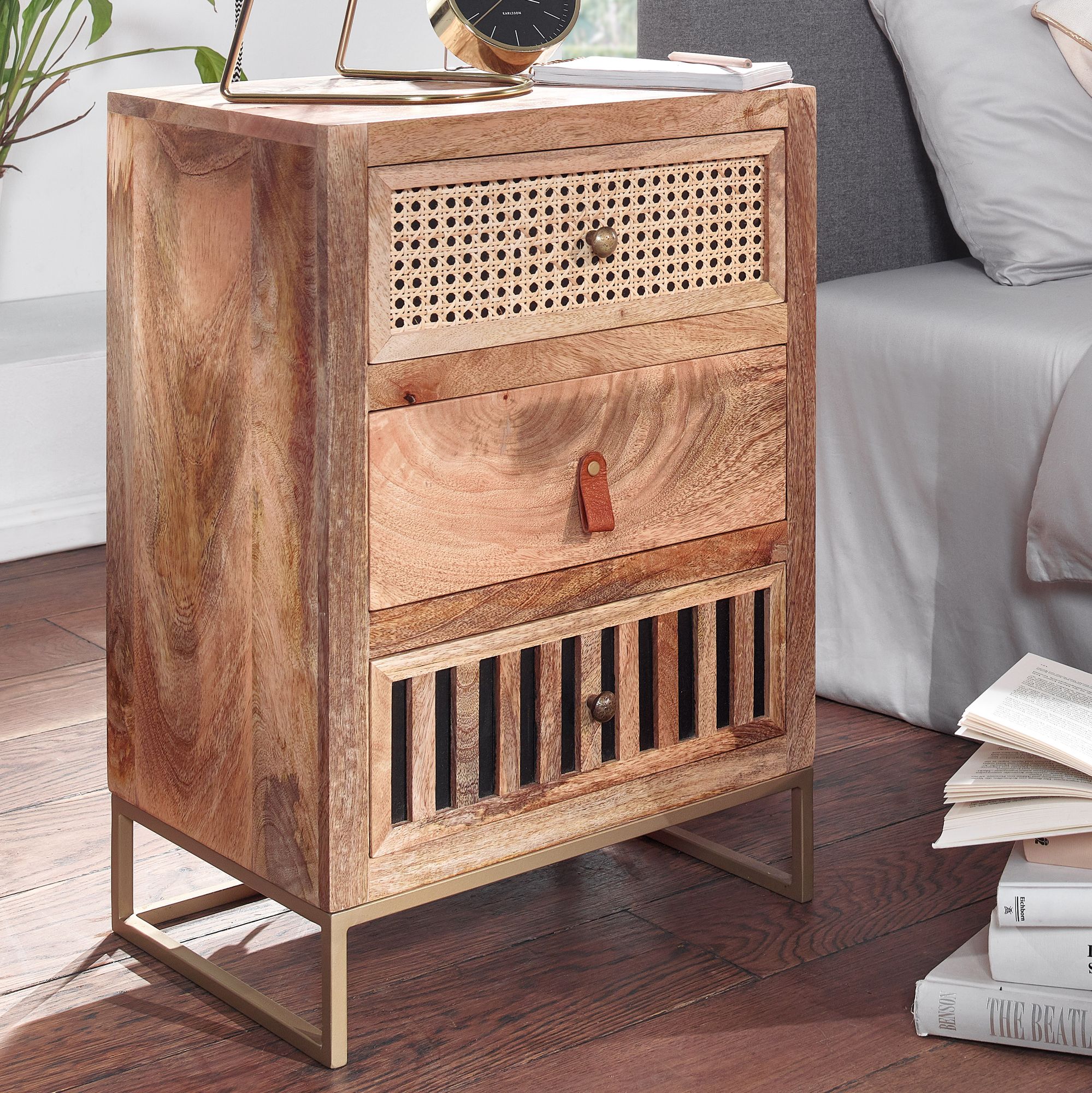 Nachttisch FineBuy Nachtkommode Boxspringbett Massivholz 60 cm Wiener Geflecht - Bild 1