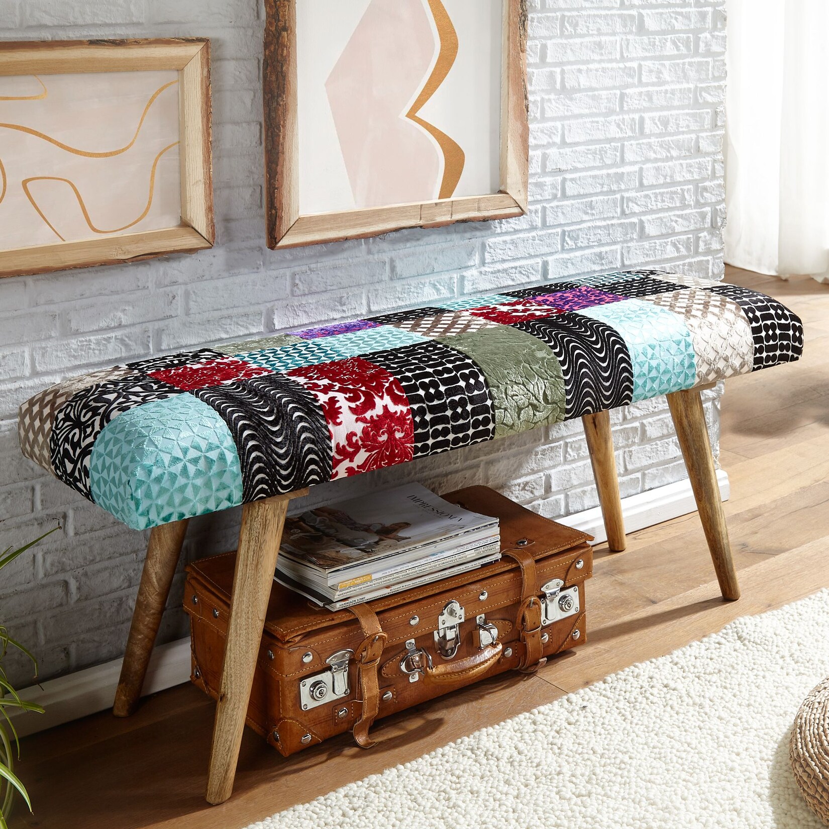 Sitzbank FineBuy Bettbank Samt 117 cm Patchwork Flurbank Polsterbank Bank Modern | 04251757705953