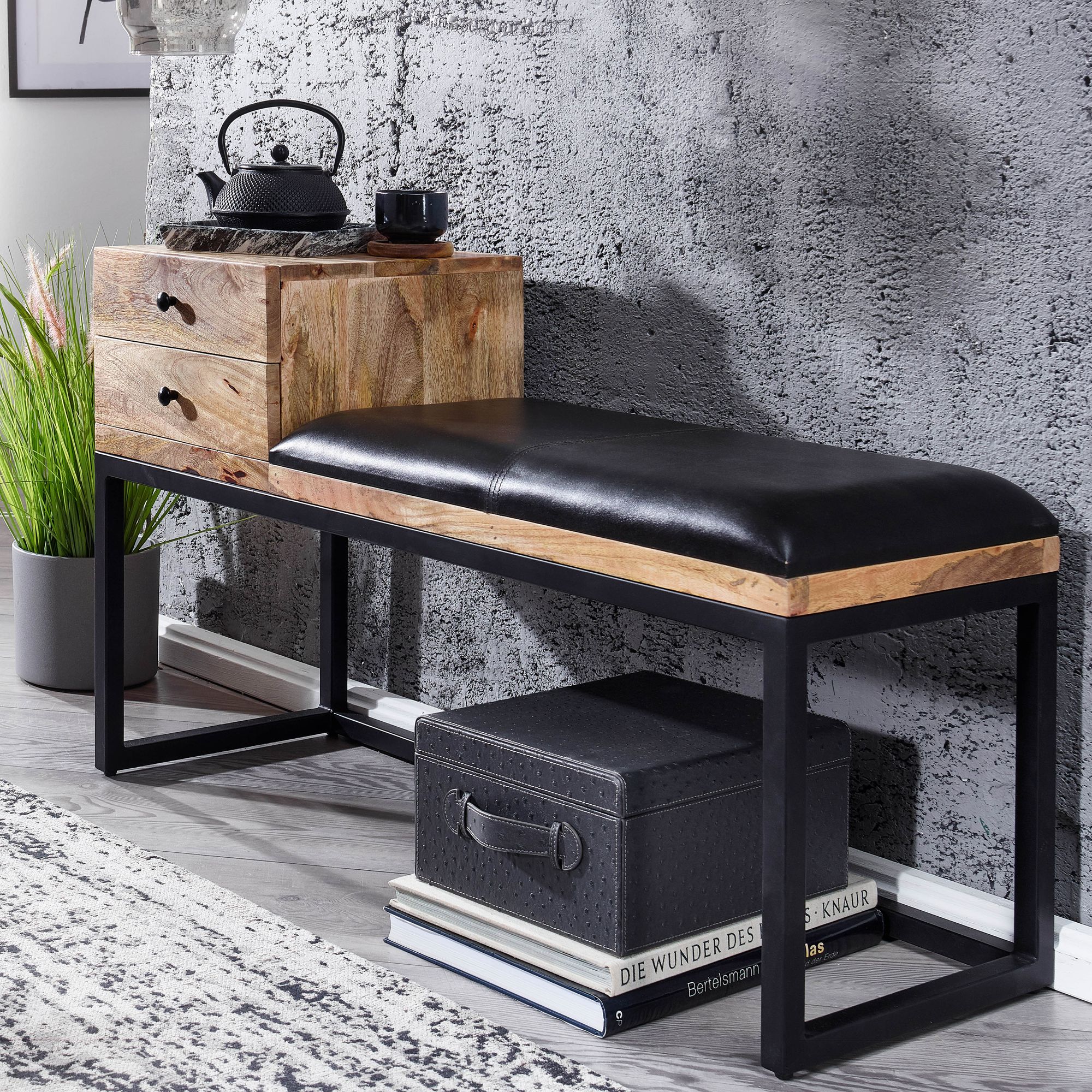Sitzbank FineBuy Flurbank Echtleder Holz Massiv 100 cm Polsterbank Stauraum Bank - Bild 1