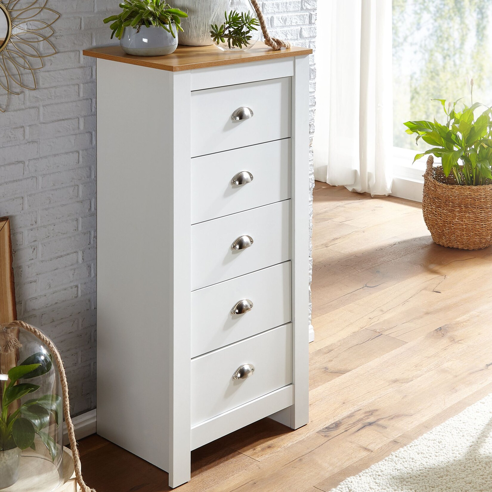 Schubladenkommode 53cm mit 5 Schubladen in MDF Weiß mit Eiche Kommode Sideboard | 04251757706011
