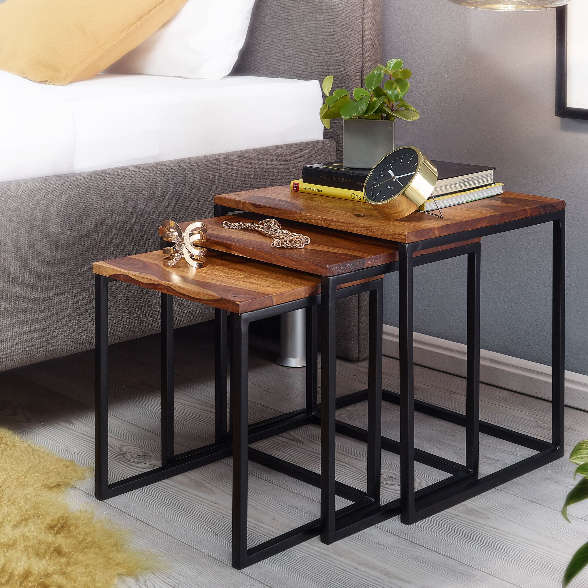 Satztisch FineBuy Beistelltisch 3er Set Holz Massiv Metall Couchtisch Tisch - Bild 1