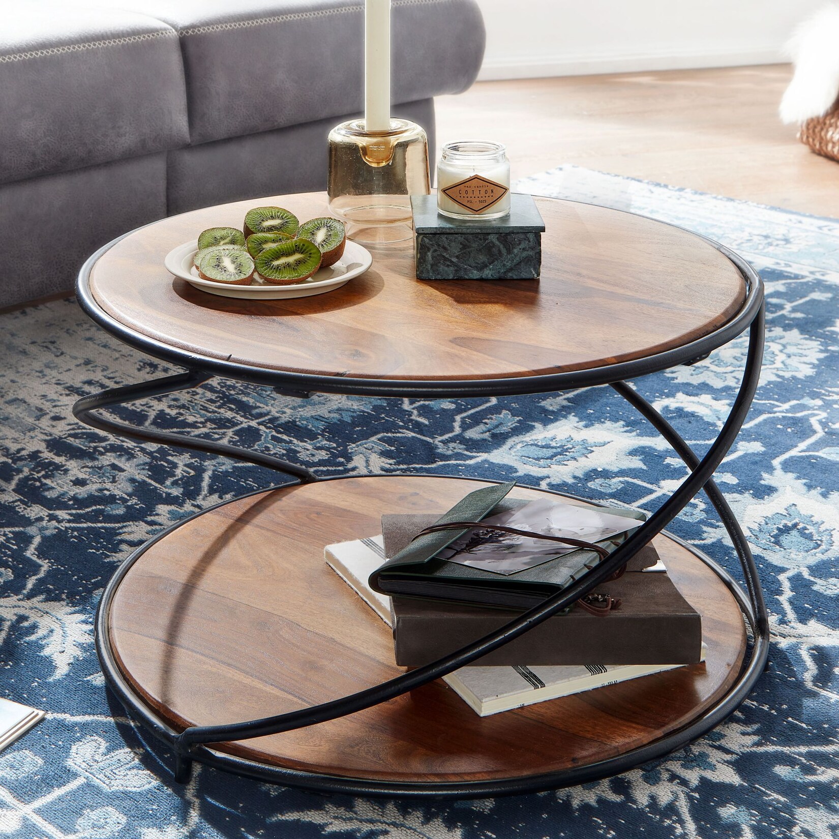 FineBuy Couchtisch Sheesham Massivholz rund Ø 58 cm Wohnzimmertisch Holz Metall | 04251757708206