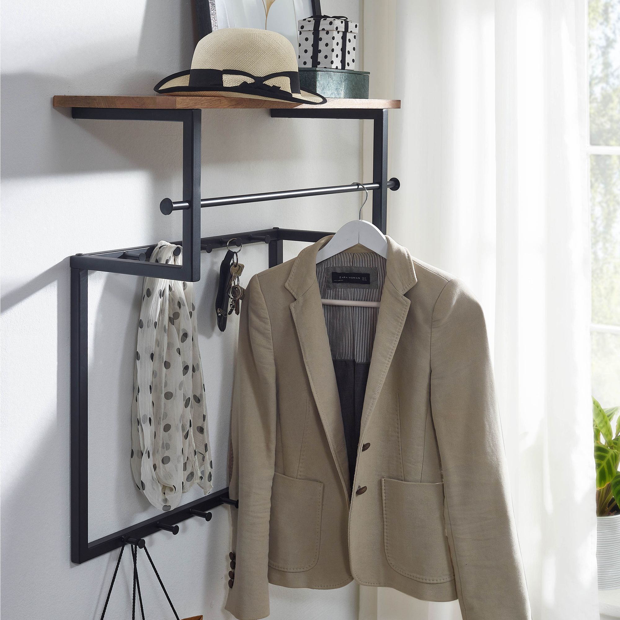 Wandgarderobe FineBuy Hakenleiste Holz Metall 60 cm Garderobe mit Ablage Flur - Bild 1