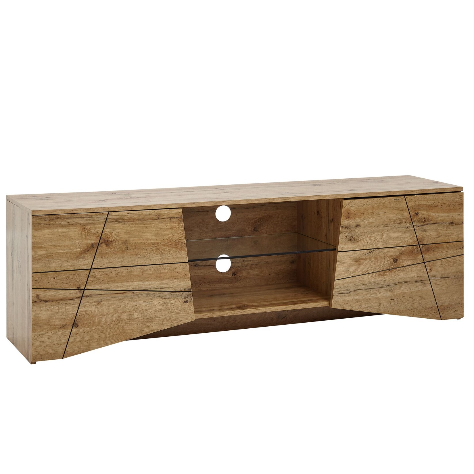 TV-Board Kommode 160cm MDF Eiche Dekor Design Lowboard mit 2 Türen & Glas Ablage Fernsehschrank | 04251757708343