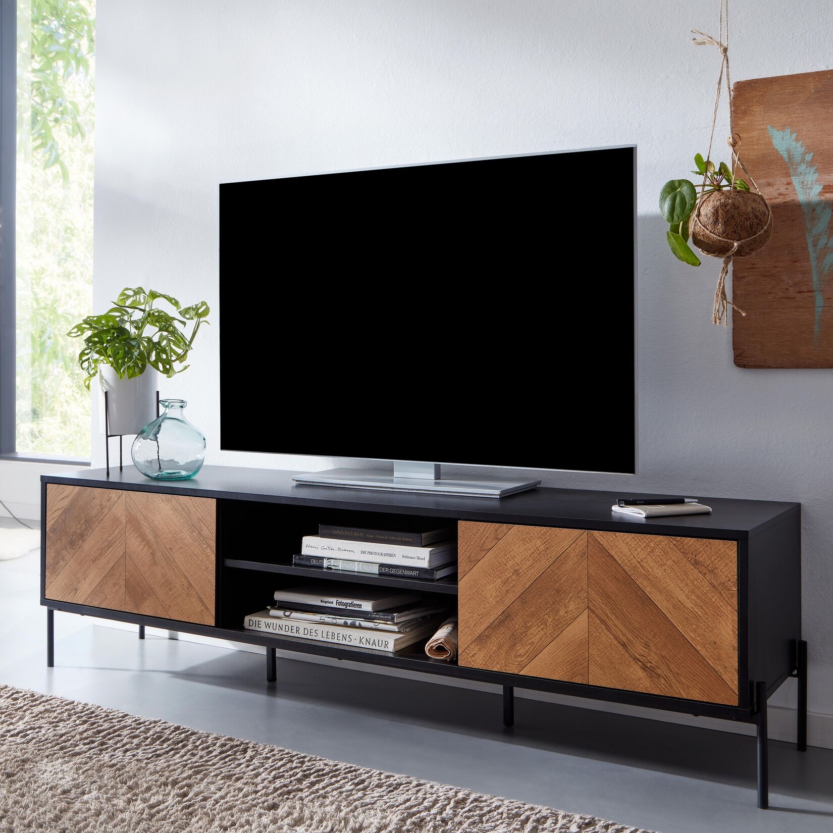 TV-Board Kommode 160cm MDF Eiche Schwarz Dekor Design Lowboard mit 2 Türen Fernsehschrank | 04251757708572