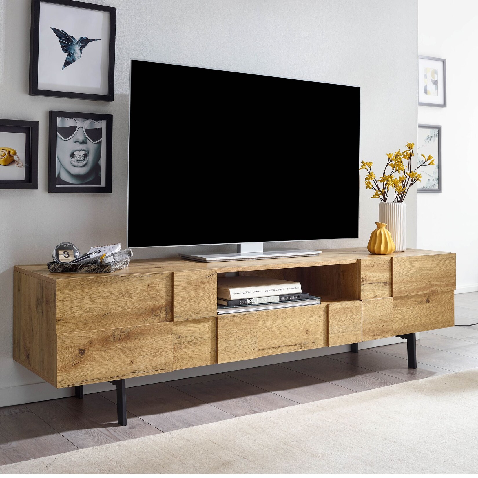 TV-Board Kommode 160cm MDF Eiche Dekor Design Lowboard mit 2 Türen & Schublade Fernsehschrank | 04251757708589