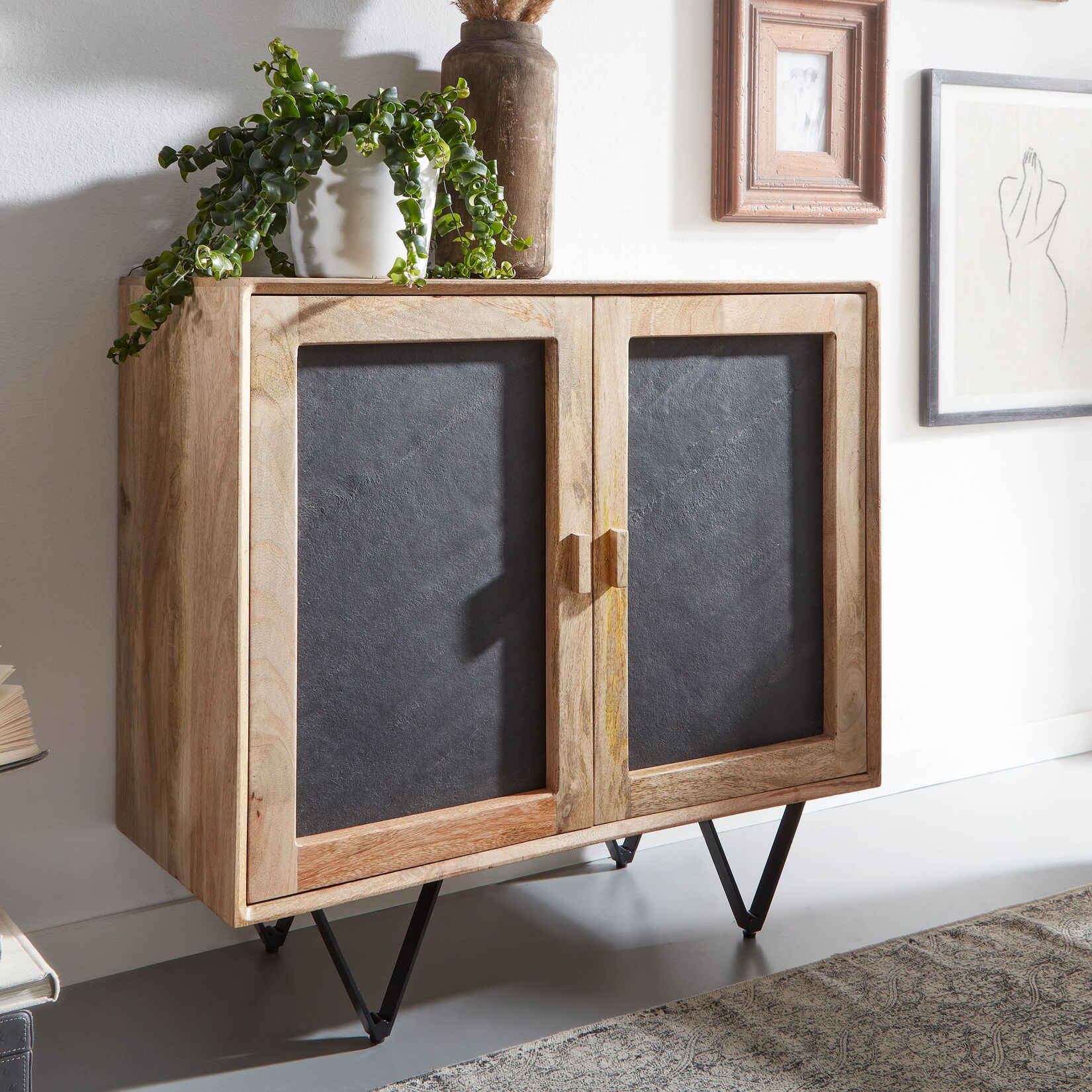 FineBuy Sideboard 80x75x35cm Holz Massiv Stein Kommode Anrichte mit Türen Modern