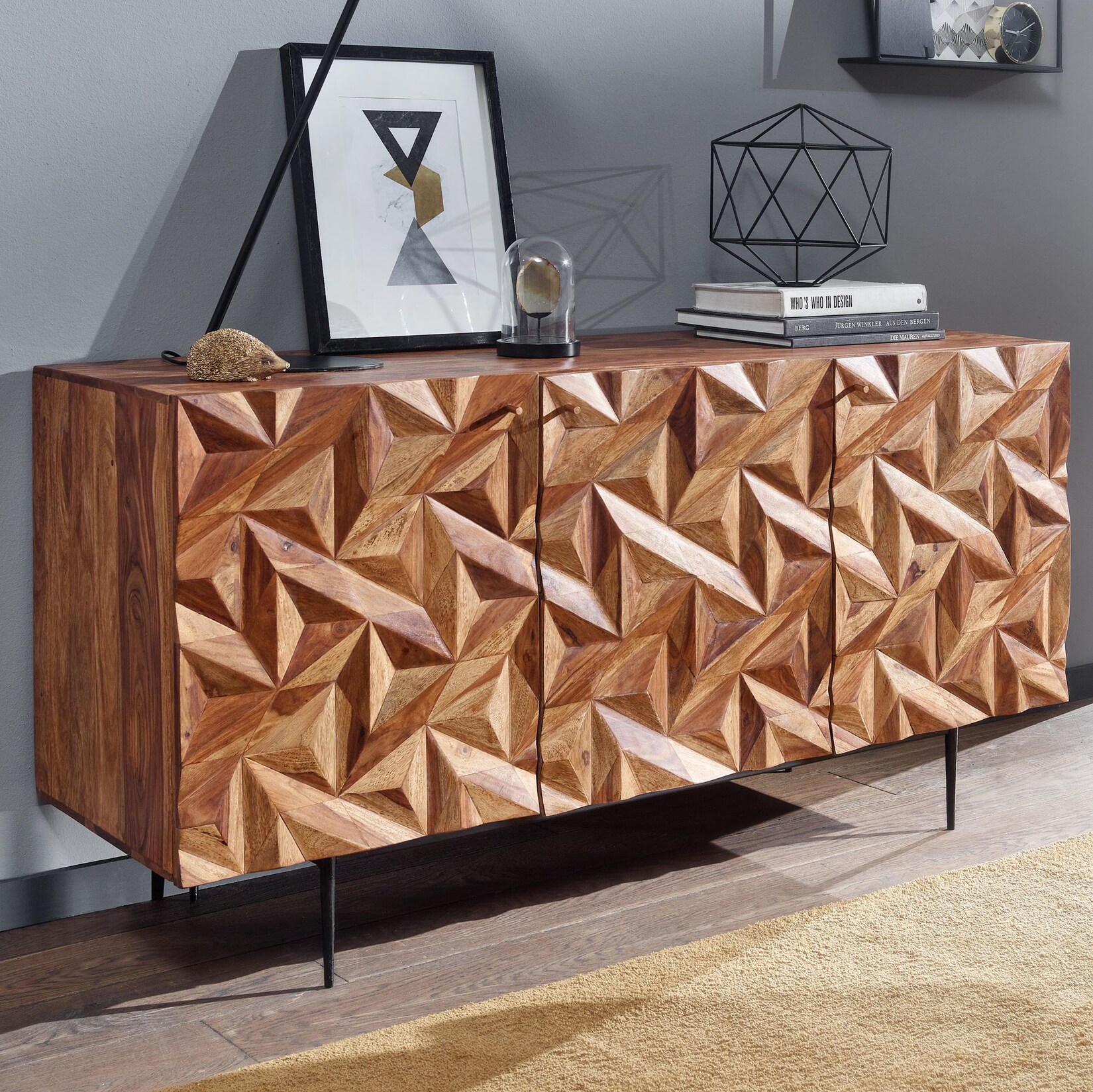 Massivholz Sideboard 145cm Sheesham Kommode mit 3 Türen Retro 3D Design Metall schwarz | 04251757710292