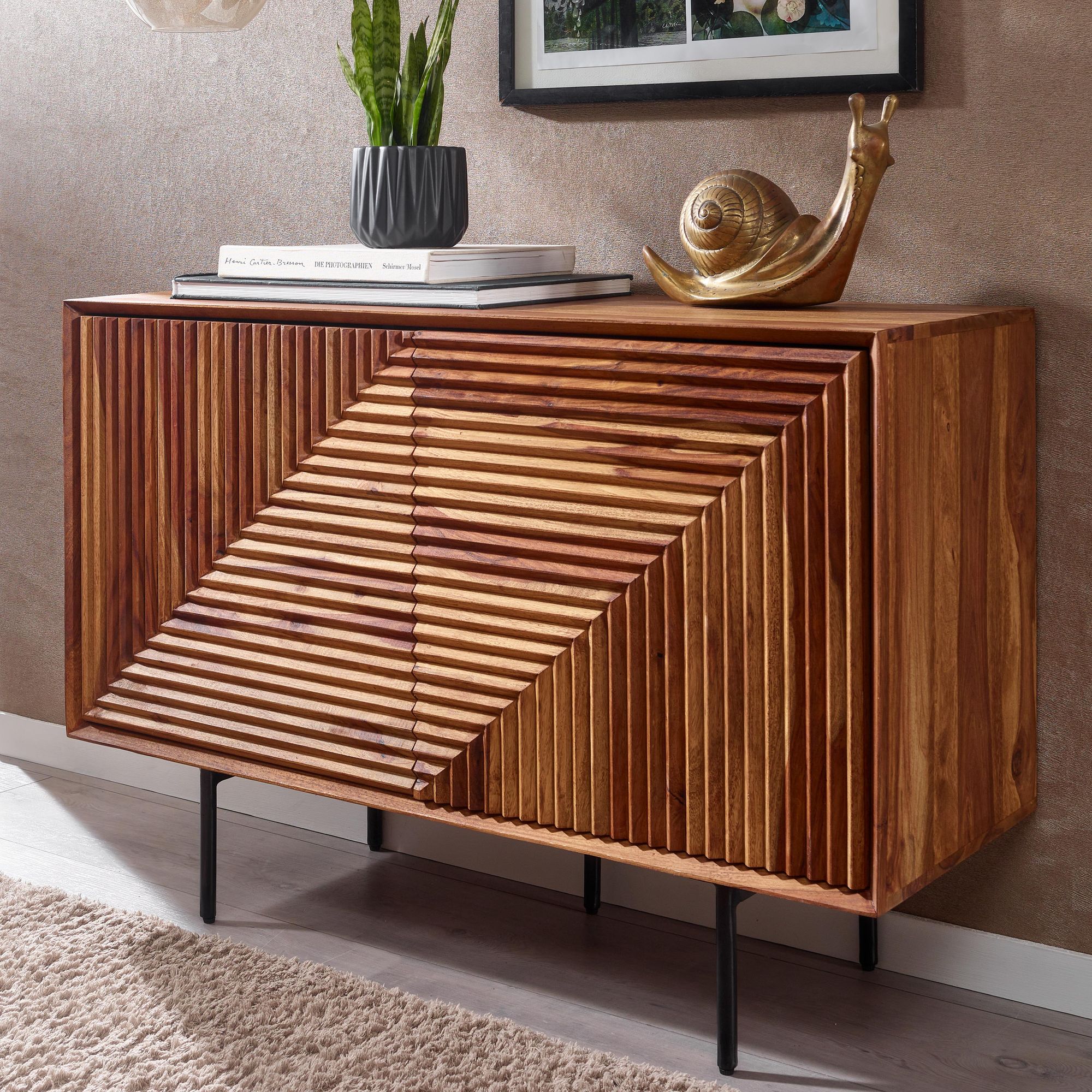 Massivholz Design Sideboard 100cm Sheesham Kommode mit 2 T&uuml;ren Retro Design Metall schwarz - Bild 1