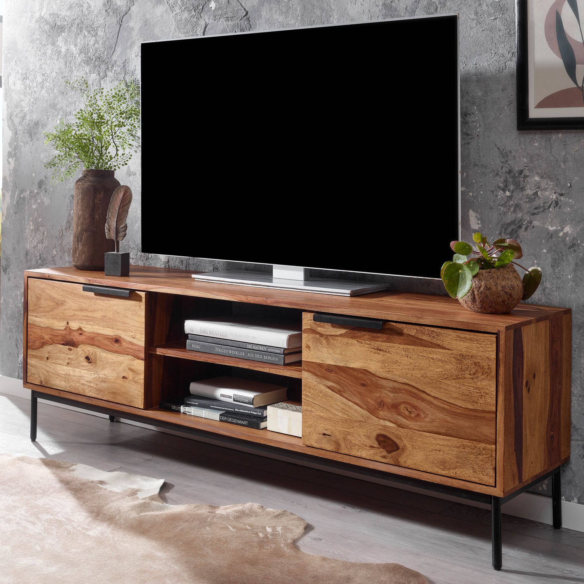Massive TV-Board Kommode 150cm Sheesham Massivholz Fernsehschrank Lowboard mit 2 T&uuml;ren - Bild 1