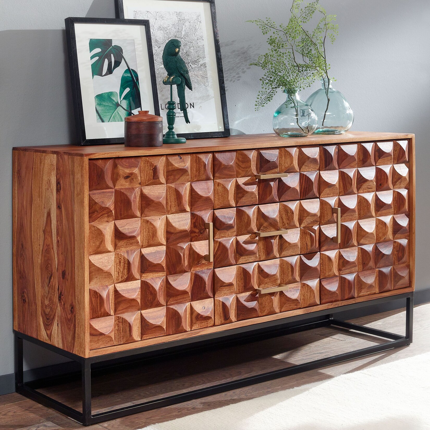 Massivholz Sideboard 145cm Sheesham Kommode mit 2 Türen & 3 Schubladen Retro 3D Design | 04251757710414
