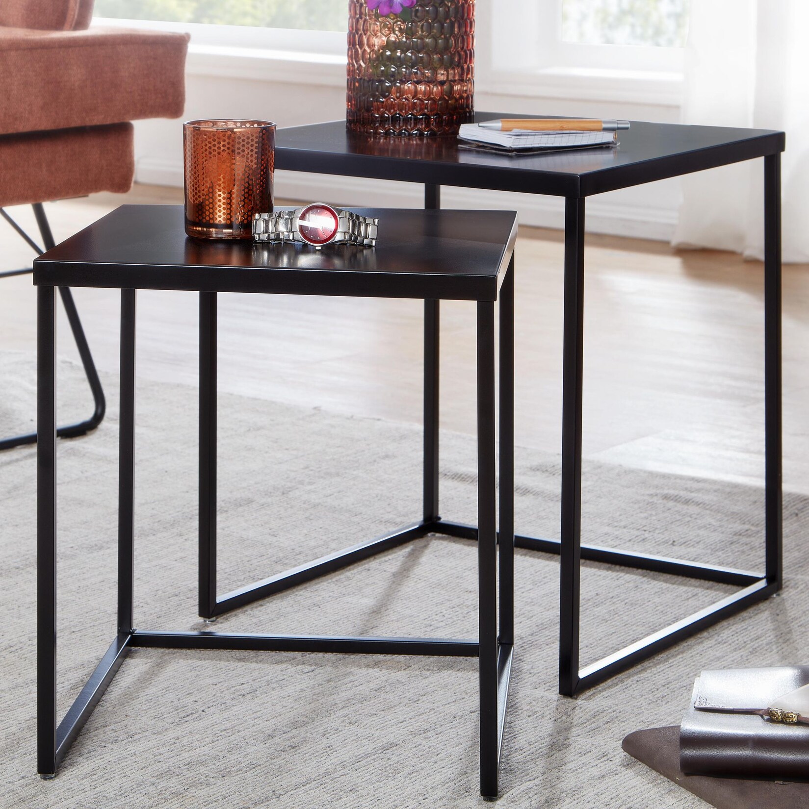 Beistelltisch FineBuy Satztisch Metall 2 teilig Couchtisch Tisch Set Schwarz