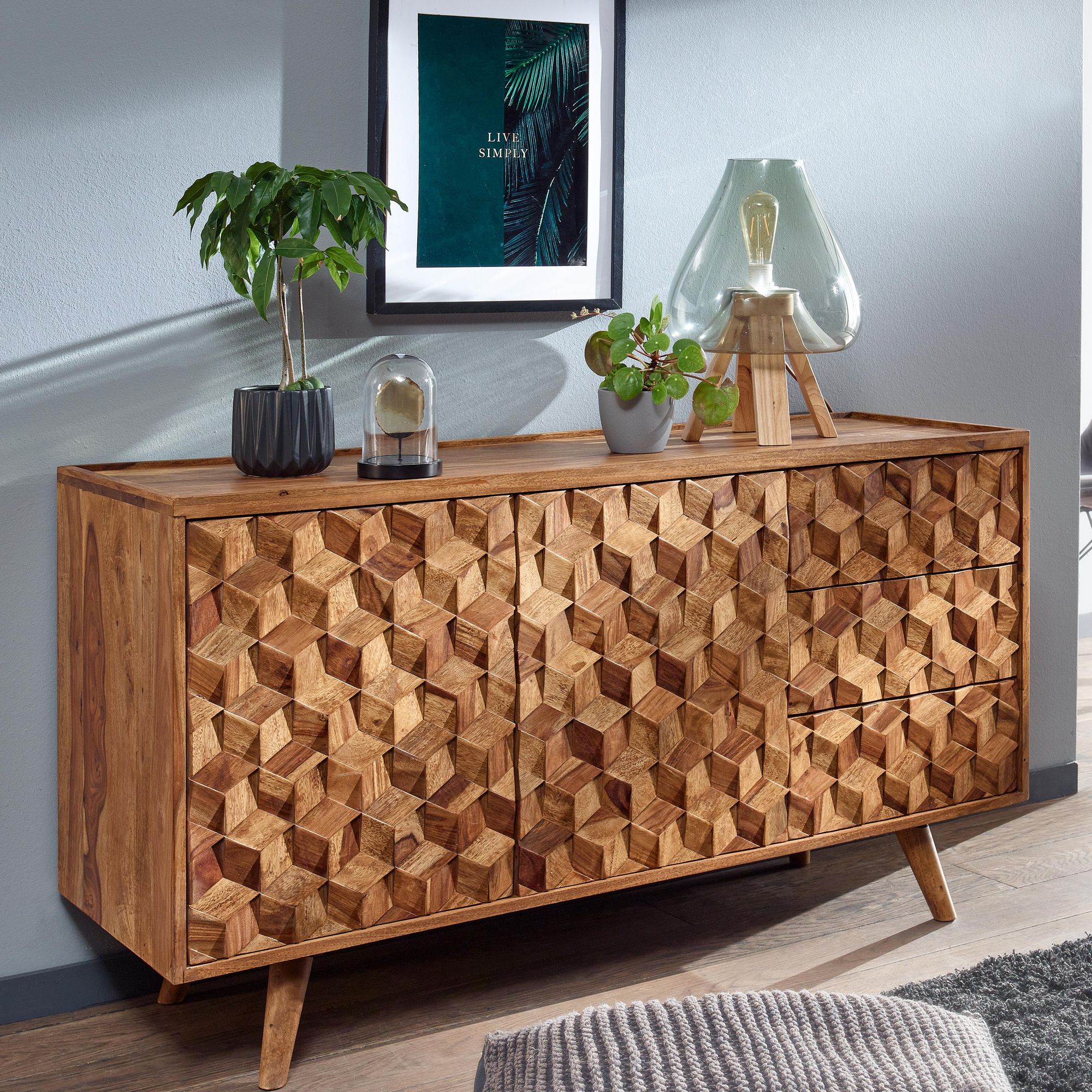 Massivholz Sideboard 140cm Sheesham Natur Kommode mit 2 T&uuml;ren & 3 Schubladen Retro Design - Bild 1