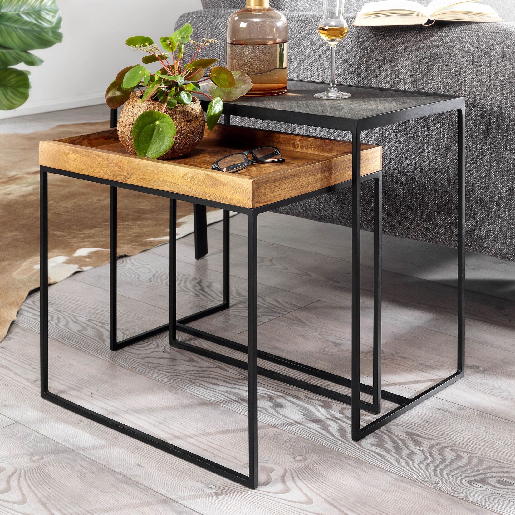 Beistelltisch FineBuy Satztisch Massivholz Stein 2 teilig Couchtisch Tisch Set | 04251757710735