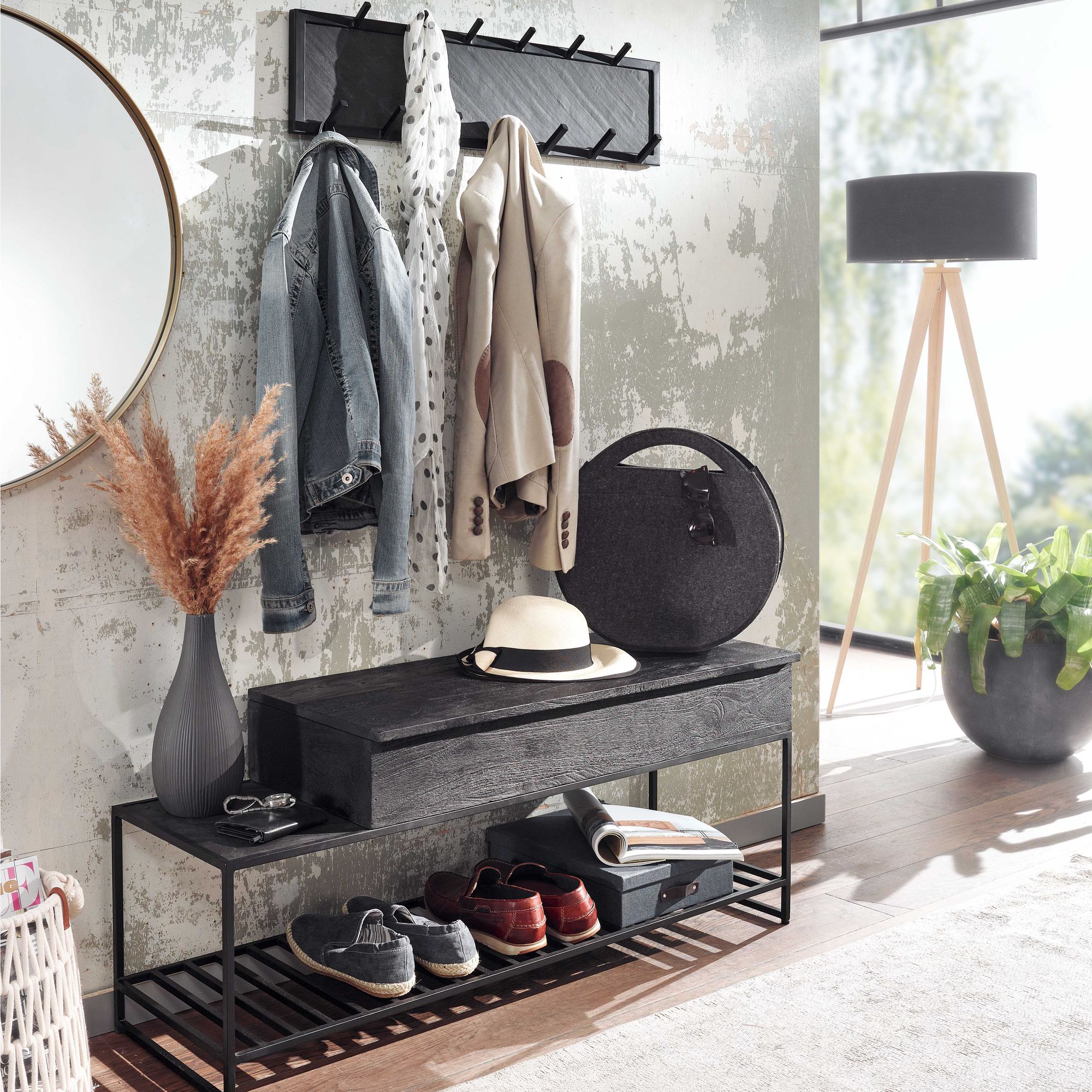 Garderoben Set FineBuy Flurgarderobe Schwarz Holz Massiv Wandgarderobe Sitzbank - Bild 1