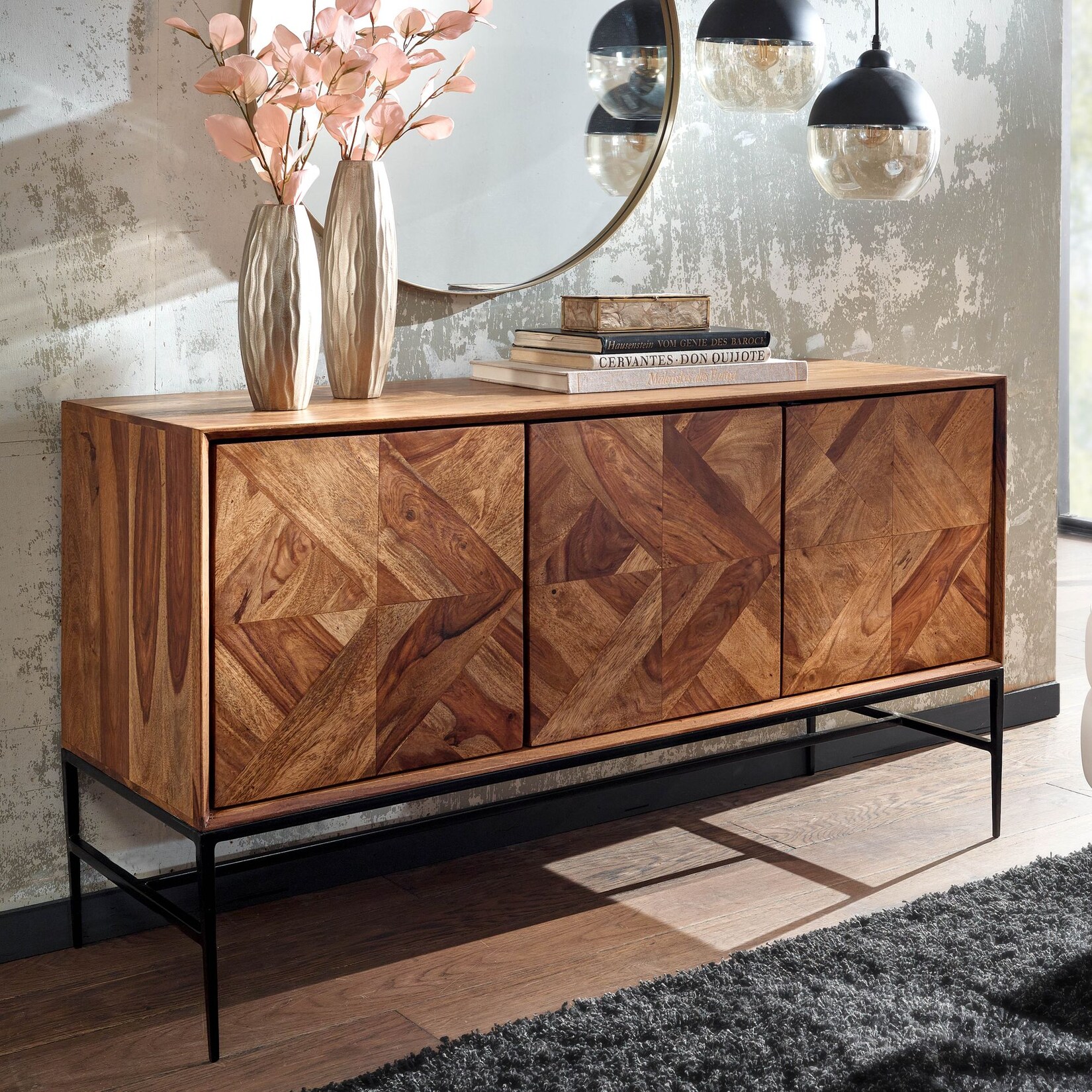 Massivholz Sideboard 120cm Sheesham Natur Design Kommode mit 3 Türen Metall schwarz | 04251757710773