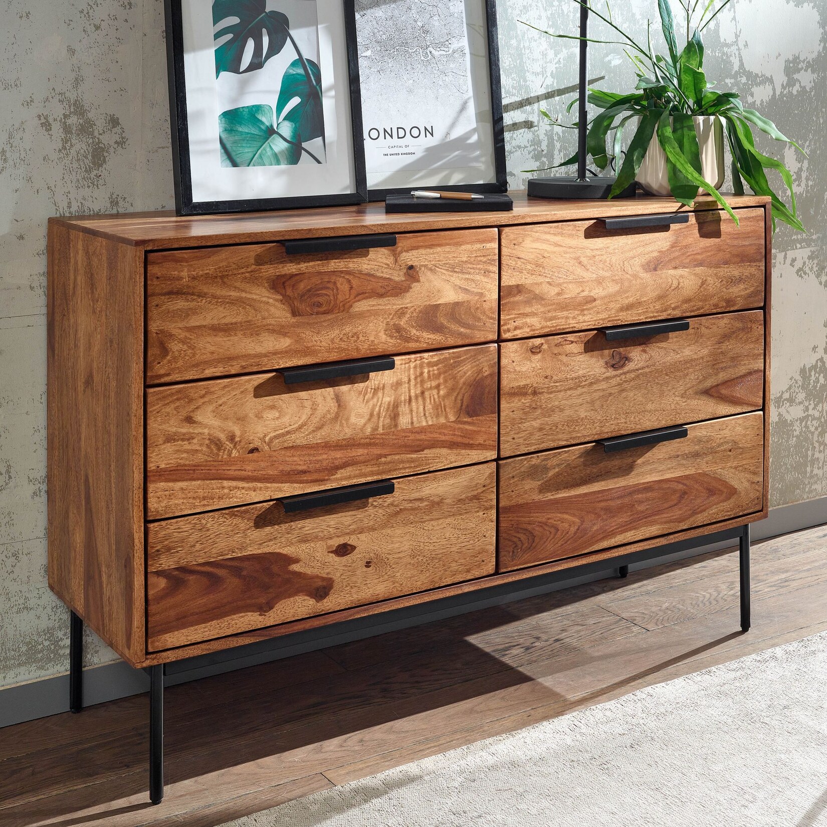 Massivholz Schubladenkommode 120cm Sheesham Natur Design Kommode mit 6 Schubladen Sideboard Metall schwarz | 04251757710780