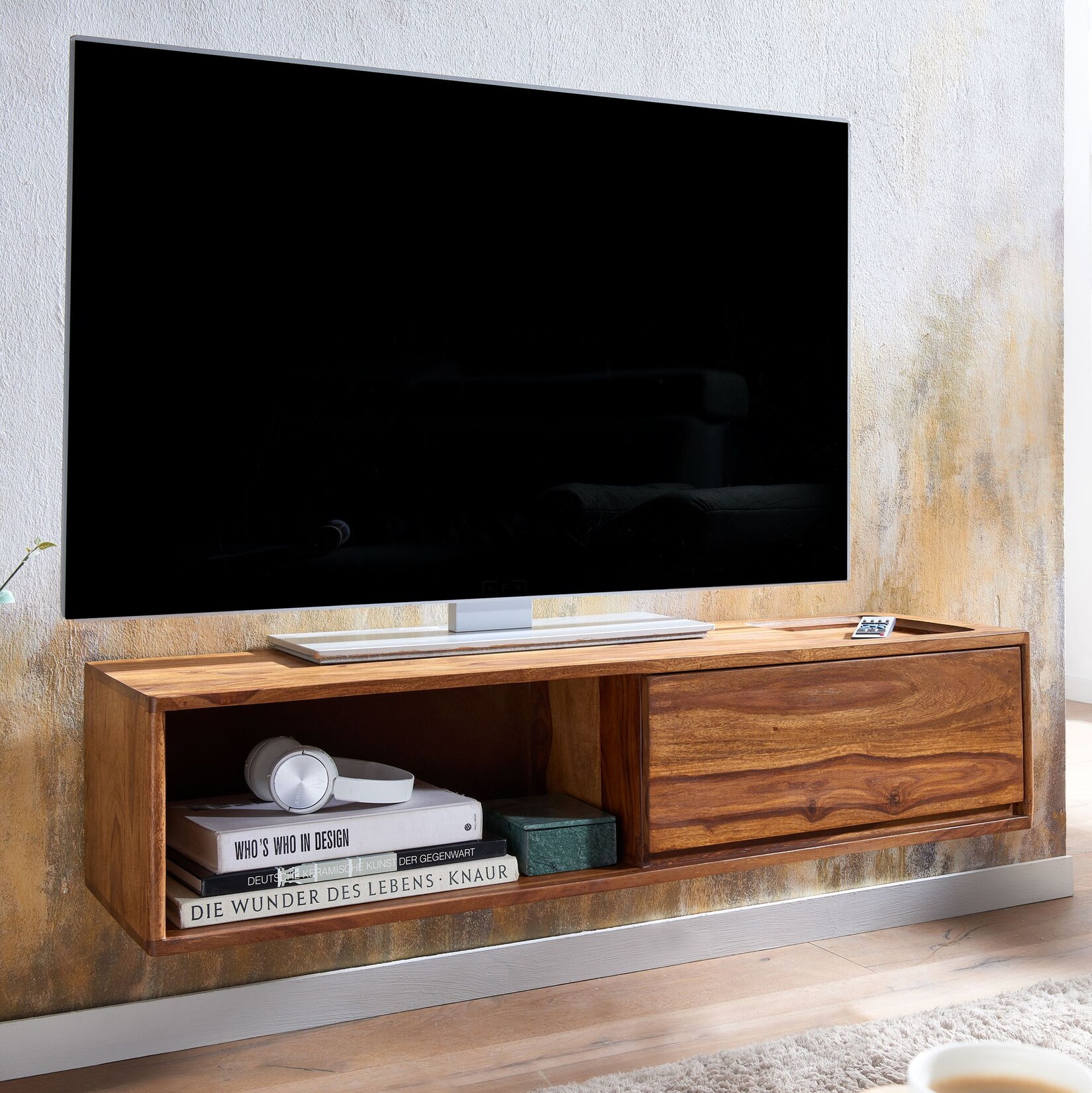 TV-Board Kommode 110cm hängend Sheesham Massivholz TV Lowboard mit 1 Schublade | 04251757710803