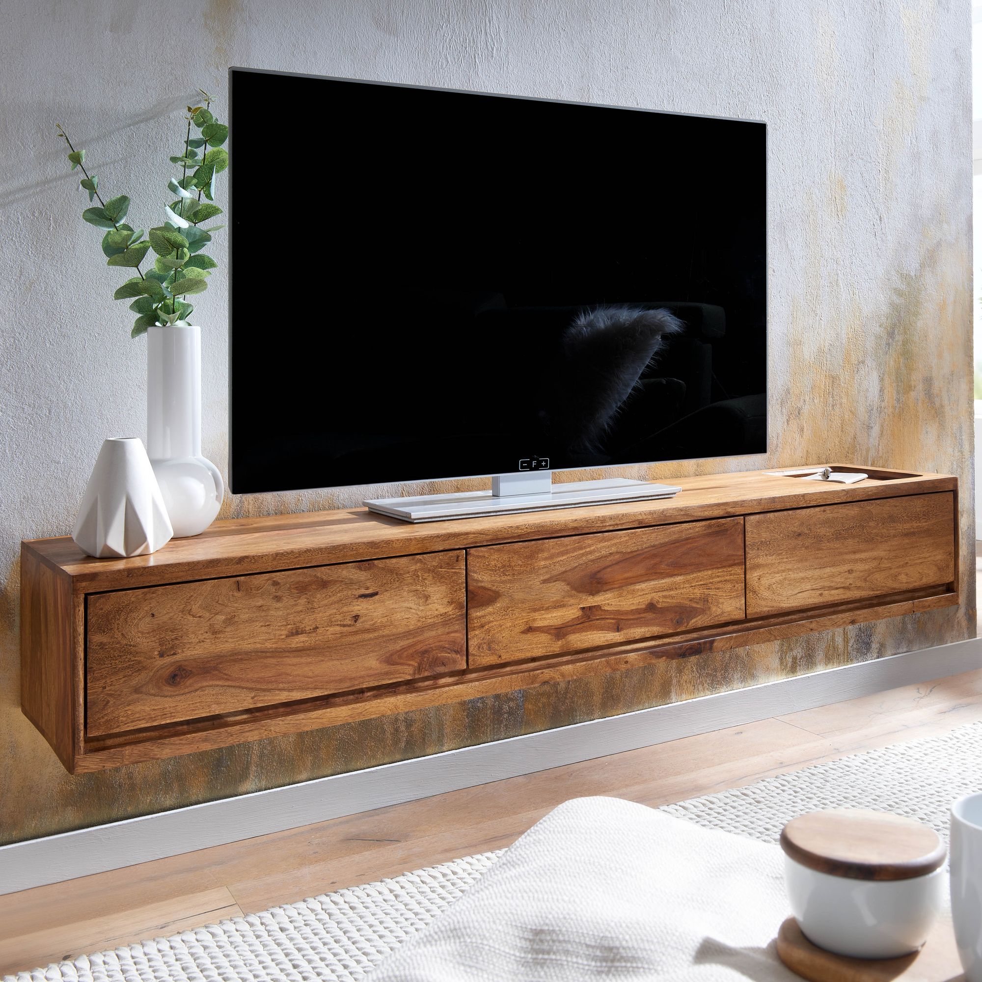 TV-Board Kommode 160cm h&auml;ngend Sheesham Massivholz TV Lowboard mit 3 Schubladen - Bild 1