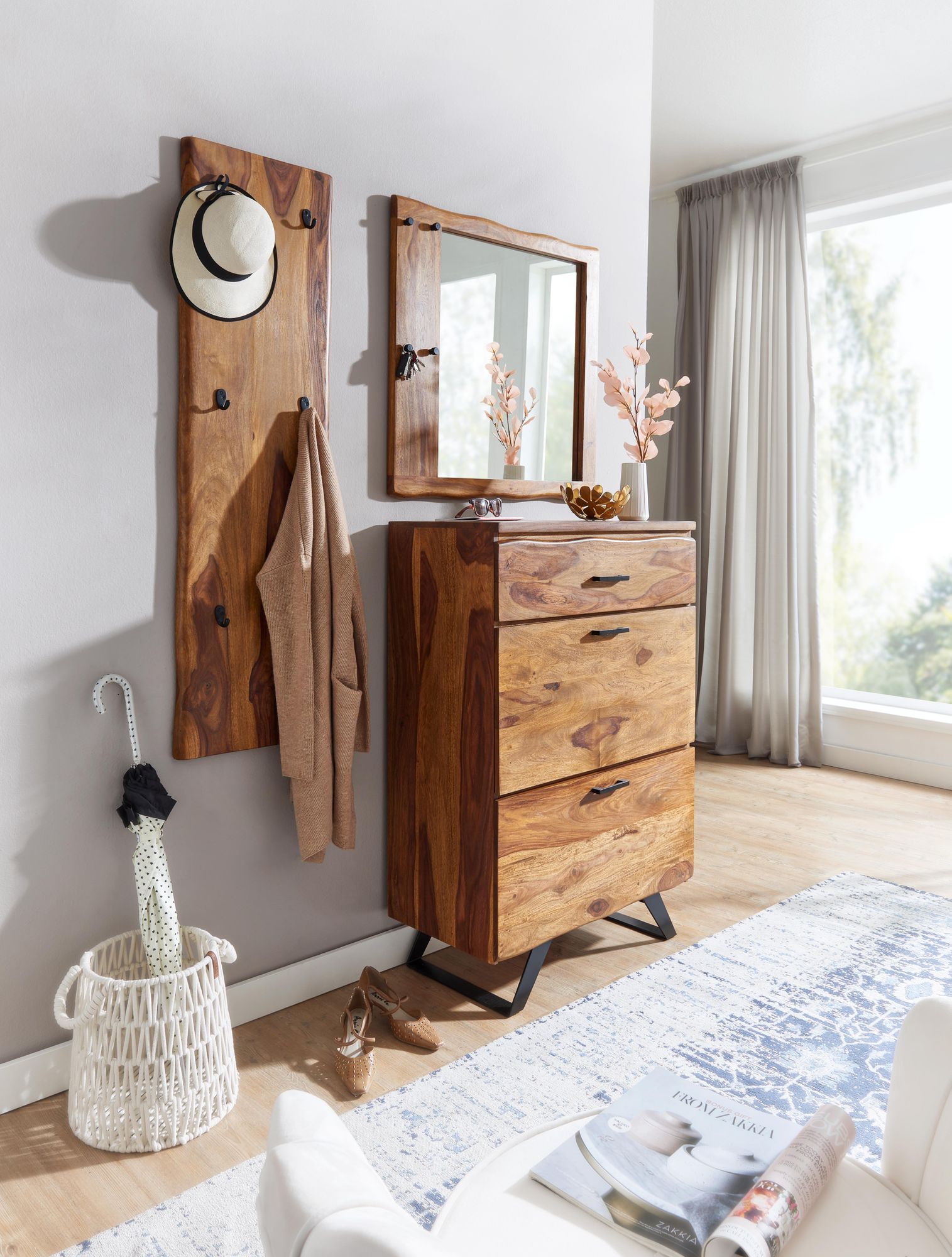 Garderoben Set FineBuy Holz Massiv Wandgarderobe Kommode Flurgarderobe Spiegel - Bild 1
