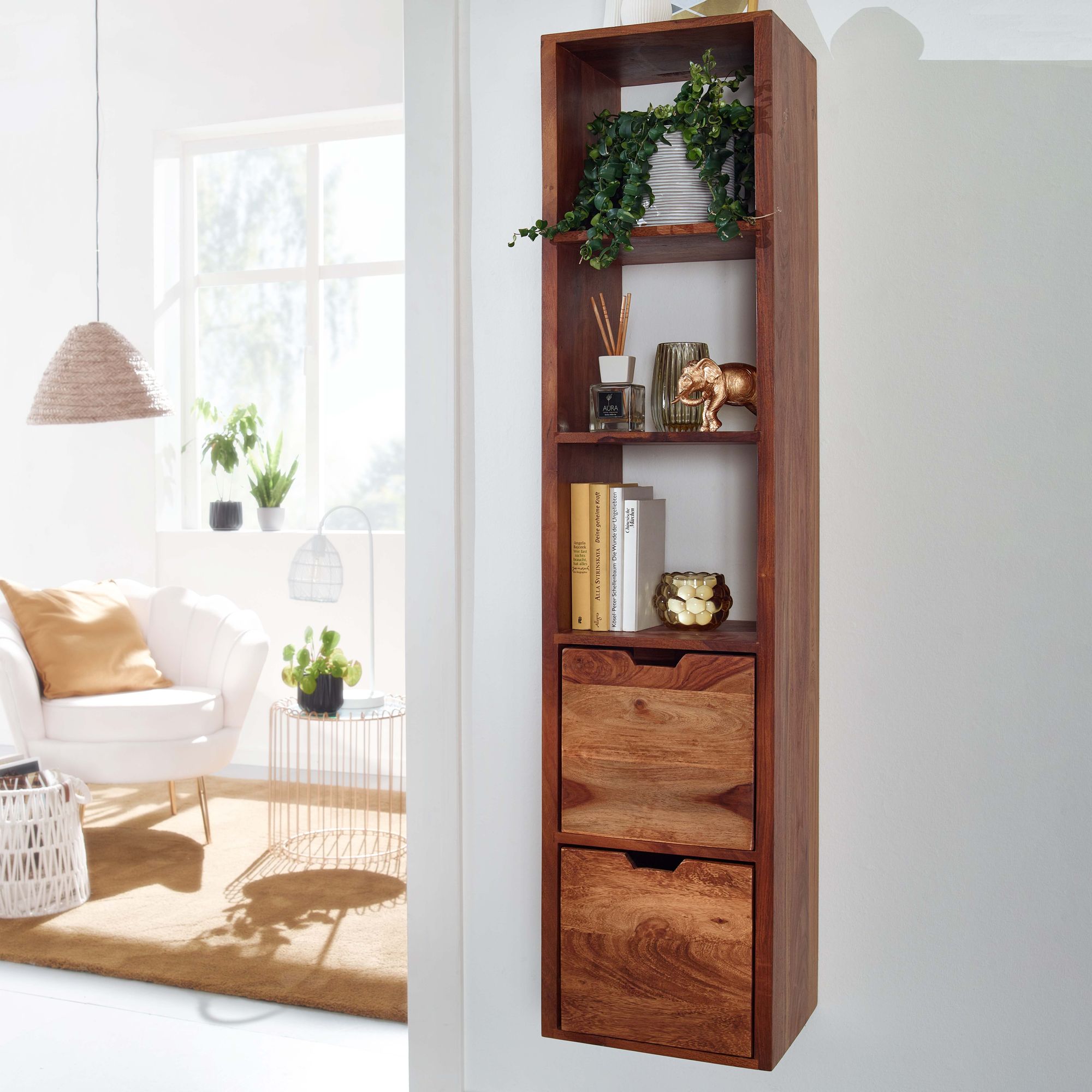 Wandregal FineBuy Schweberegal mit Schubladen 150 cm Holz Regal H&auml;ngend Massiv - Bild 1