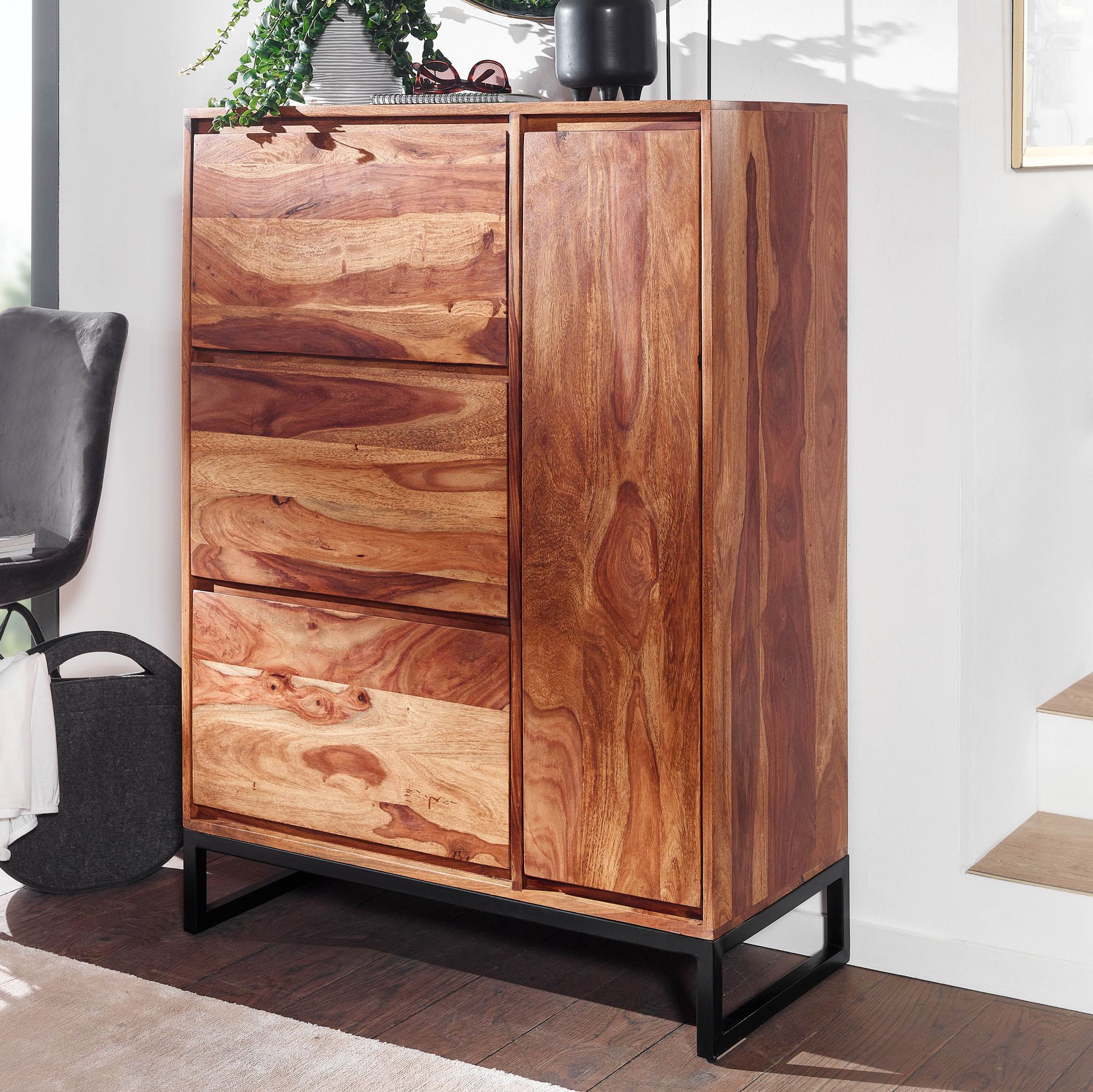 Massivholz Schuhschrank 90cm Sheesham Schuhkipper Schuhkommode f&uuml;r Garderobe Flur Schuhregal - Bild 1