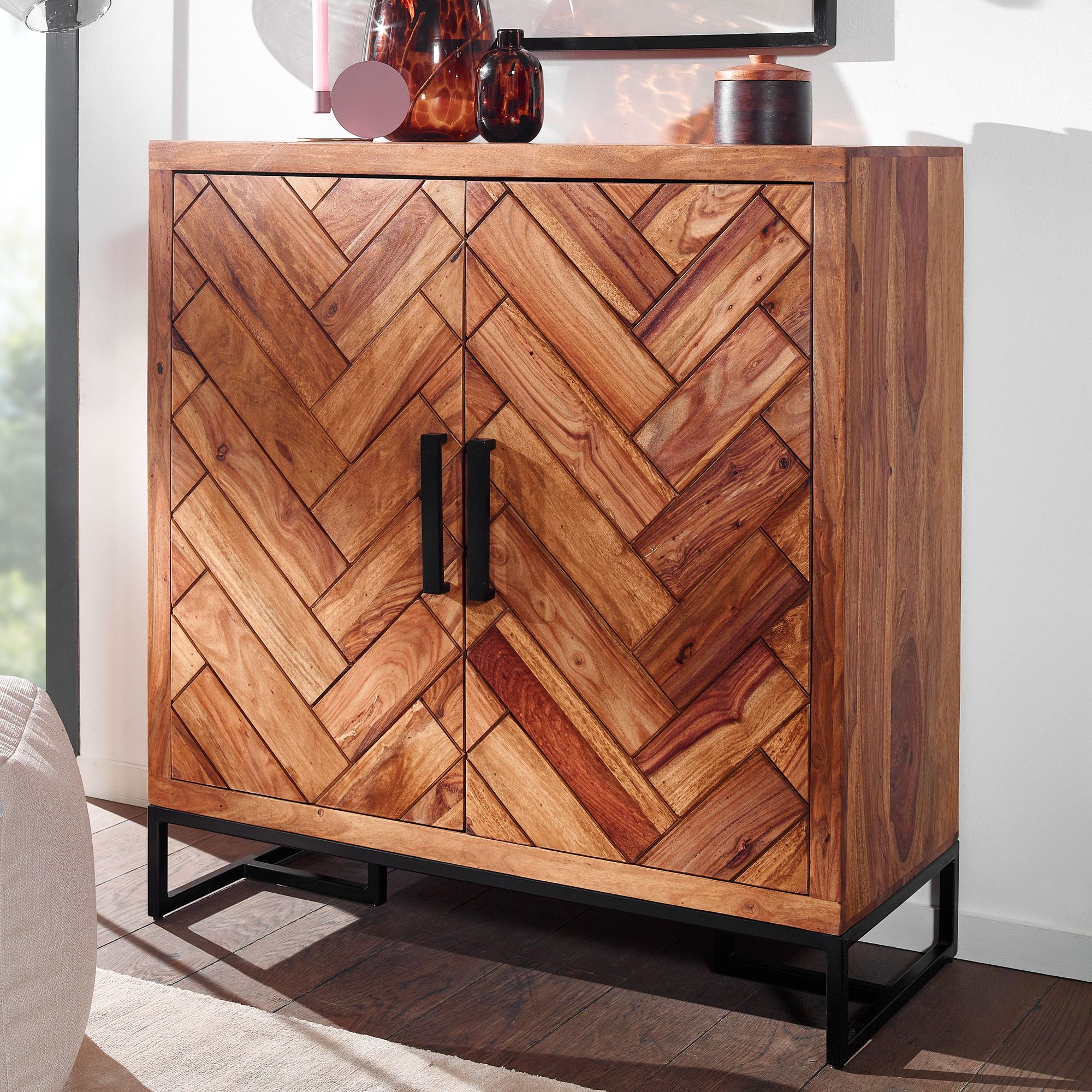 Massivholz Schuhschrank Sheesham 100cm Schuhkommode Garderobe Flur - Bild 1