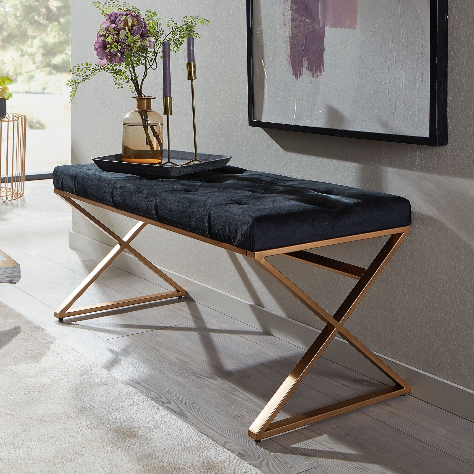 Sitzbank FineBuy Polsterbank Schwarz 90 cm Bettbank Chesterfield Flurbank Samt - Bild 1