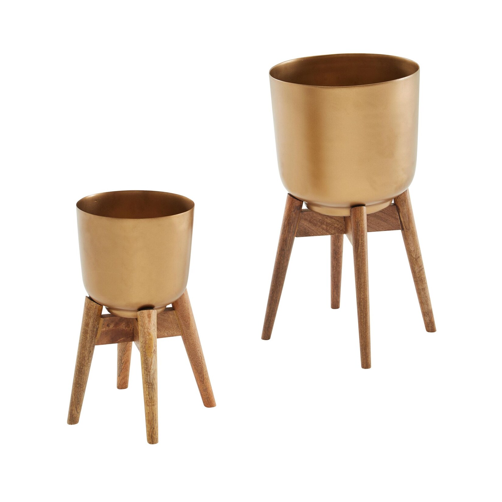 Blumentopf FineBuy Pflanzenkübel 2er Set Metall Holz Gold Rund Pflanzgefäß | 04251757711589